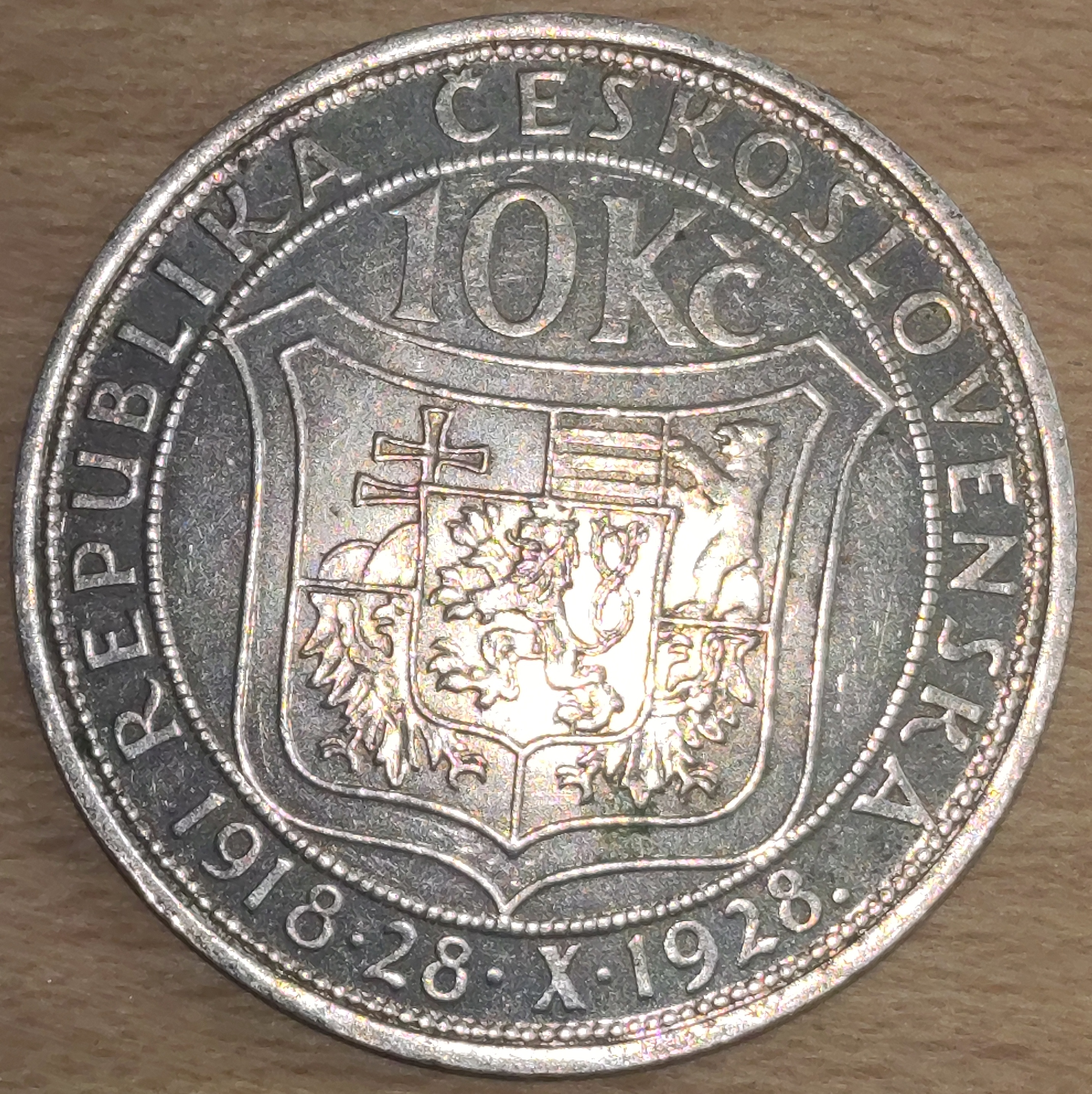 Stříbrná mince 10 Kč, 1928, Československo, 10. výročí nezávislosti ( 4011 )