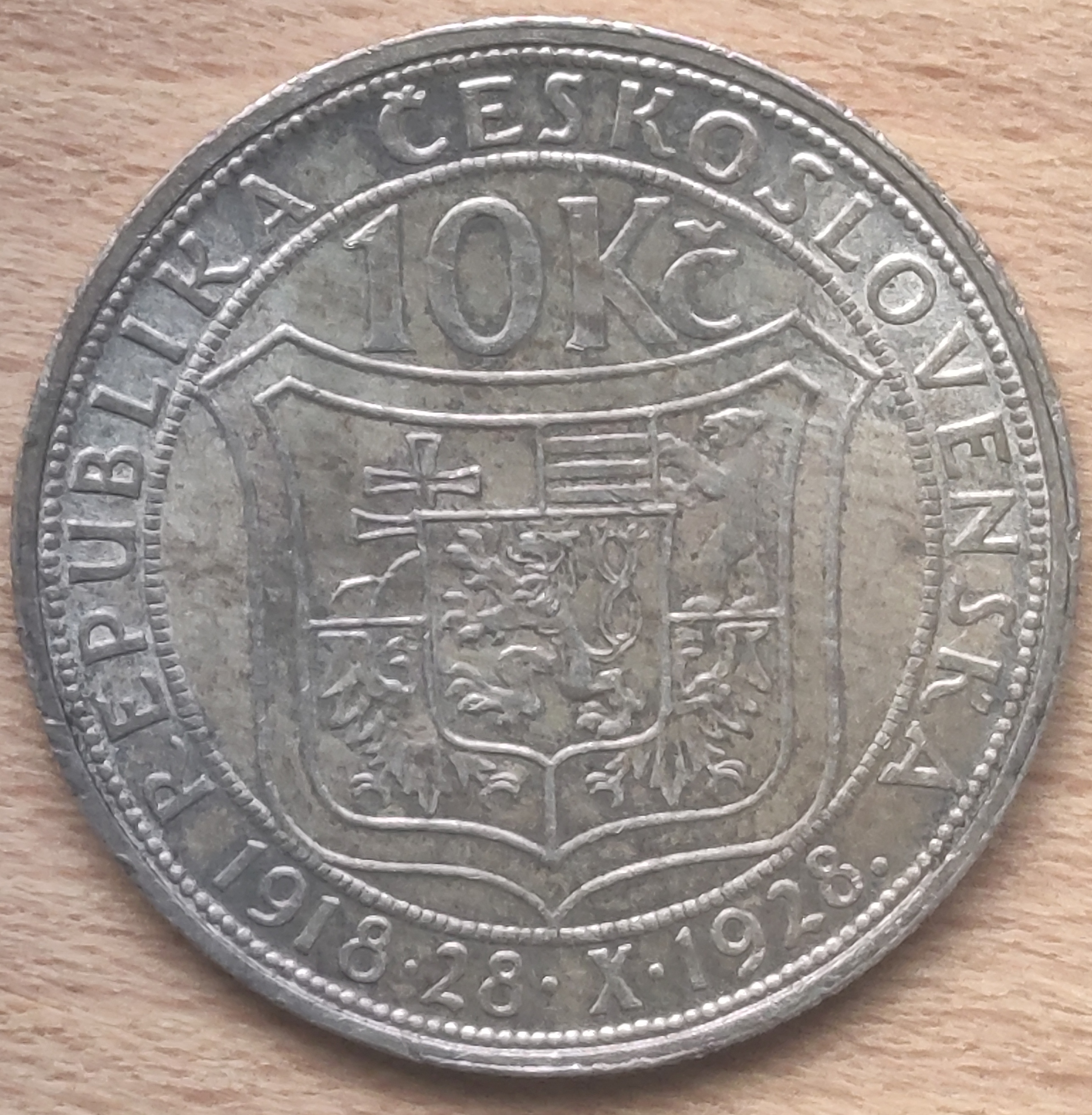 Stříbrná mince 10 Kč, 1928, Československo, 10. výročí nezávislosti ( 4012 )