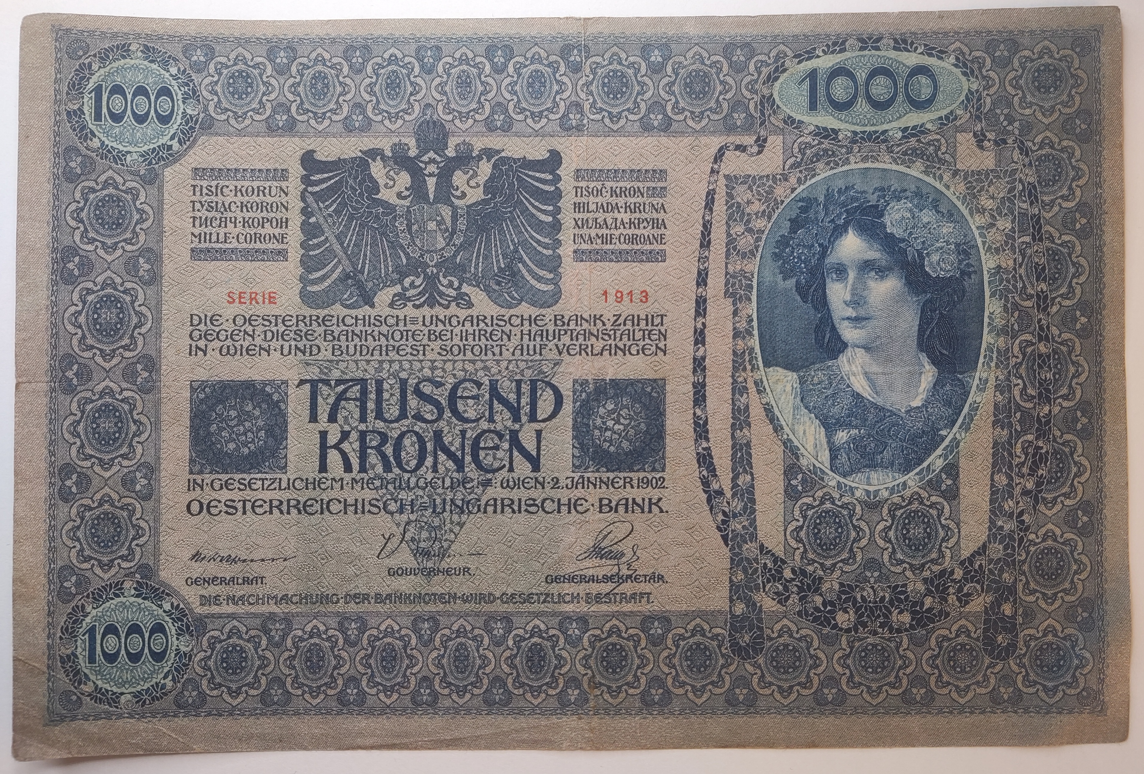 Stará Bankovka 1 000 Korun, Rok 1902 Moc pěkný stav