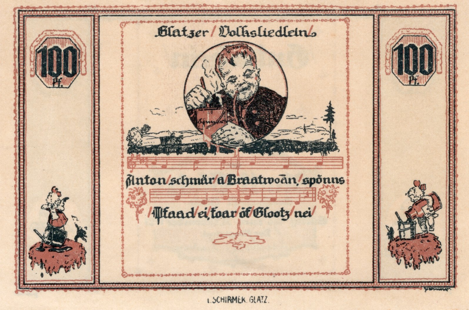 Bankovka - Nouzové peníze 100 Feniků, Glatz s texty, Rok 1921, Krásný stav !