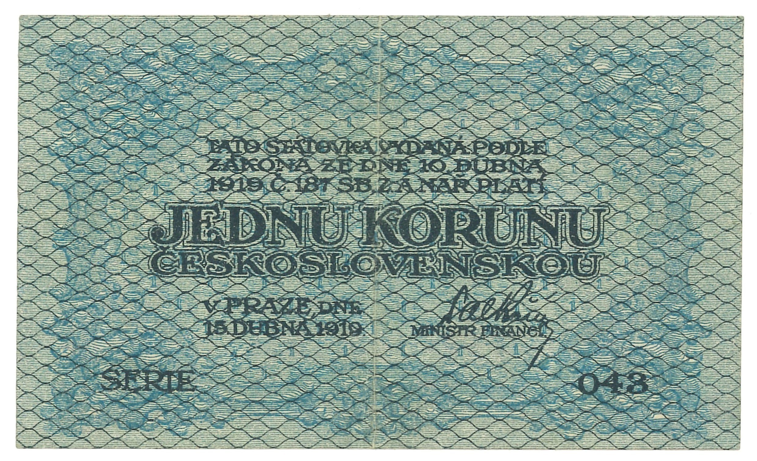 Bankovka 1 koruna 1919 Československo Série 043