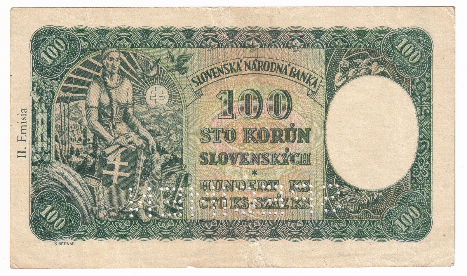 Bankovka 100 Korún 1940, J5 415373 - SPECIMEN
