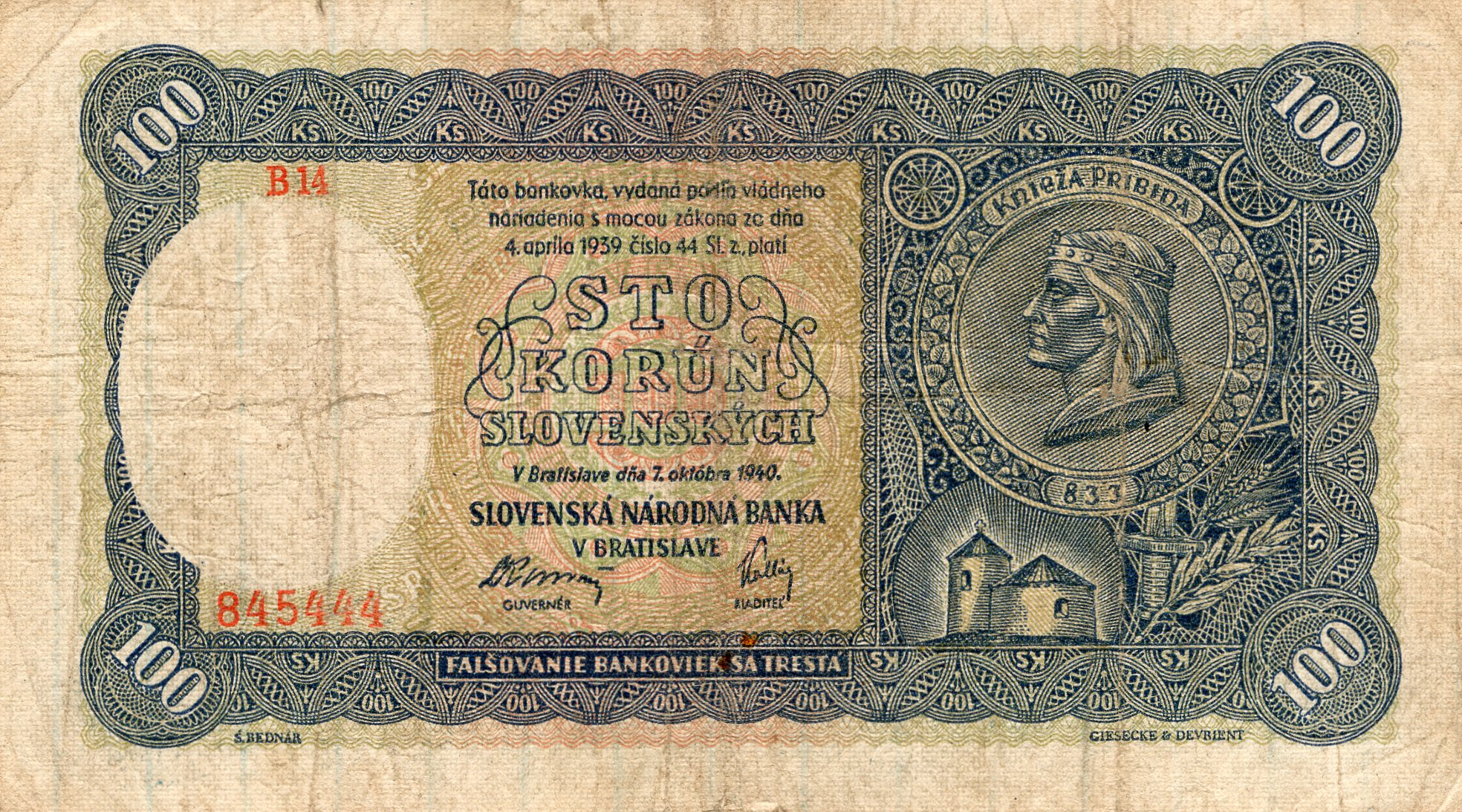 Bankovka 100 Korún 1939, B14 845444