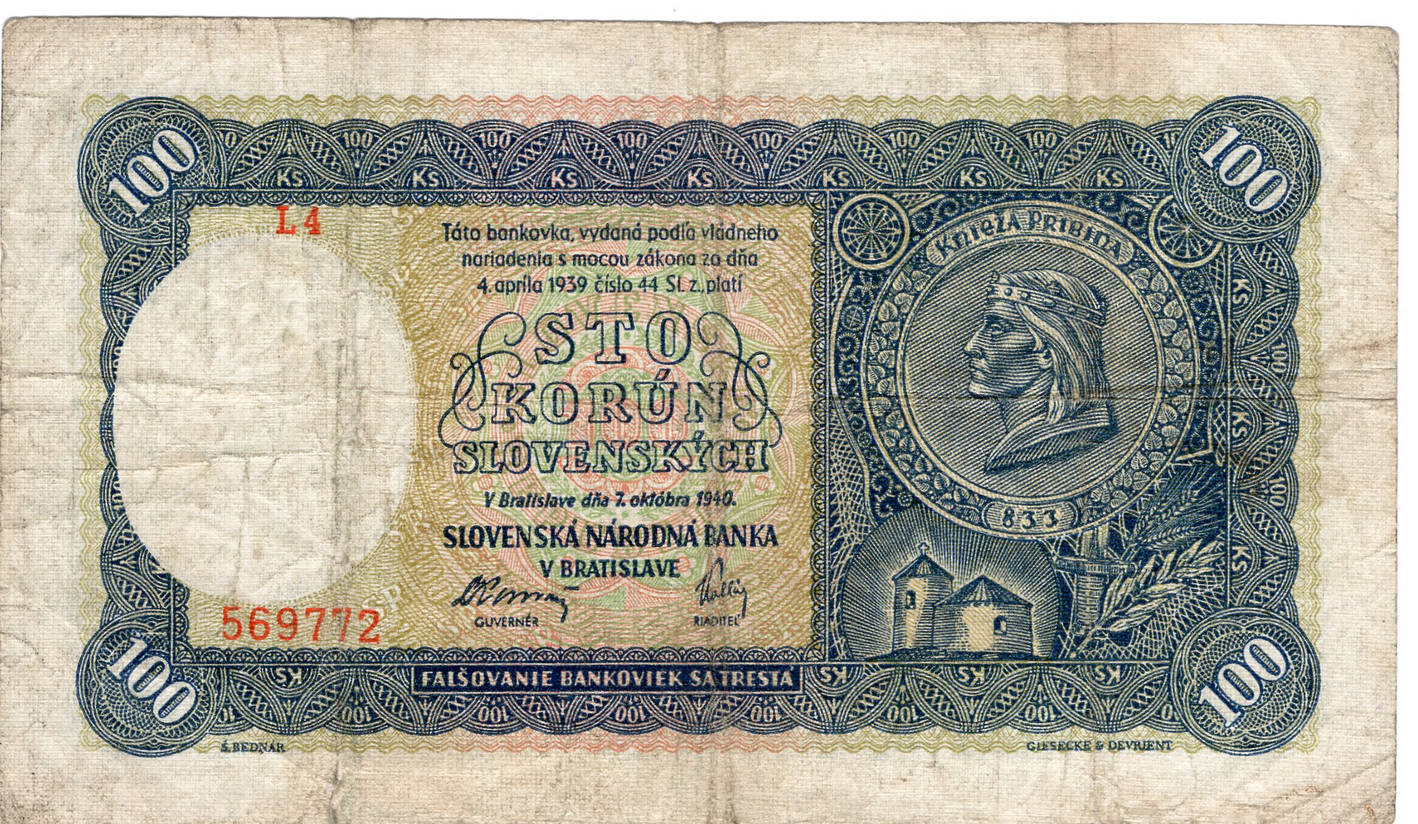 Bankovka 100 Korún 1939, L4 569772