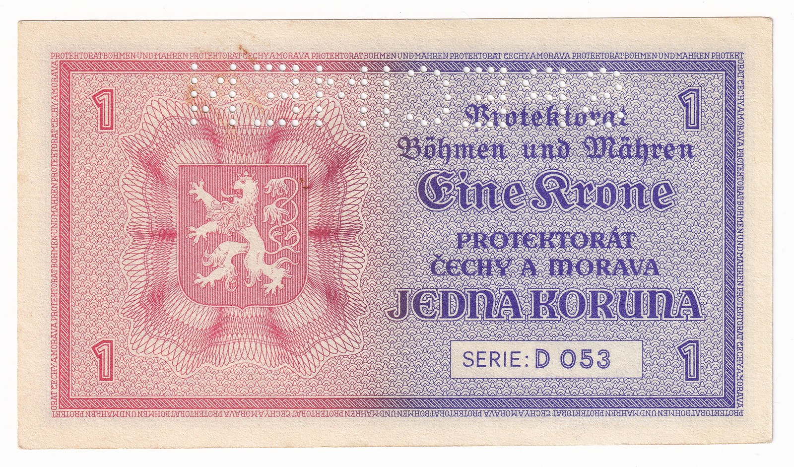 Jedna Koruna 1940, SPECIMEN, D 053 - Vzácná ! Protektorát Čechy a Morava