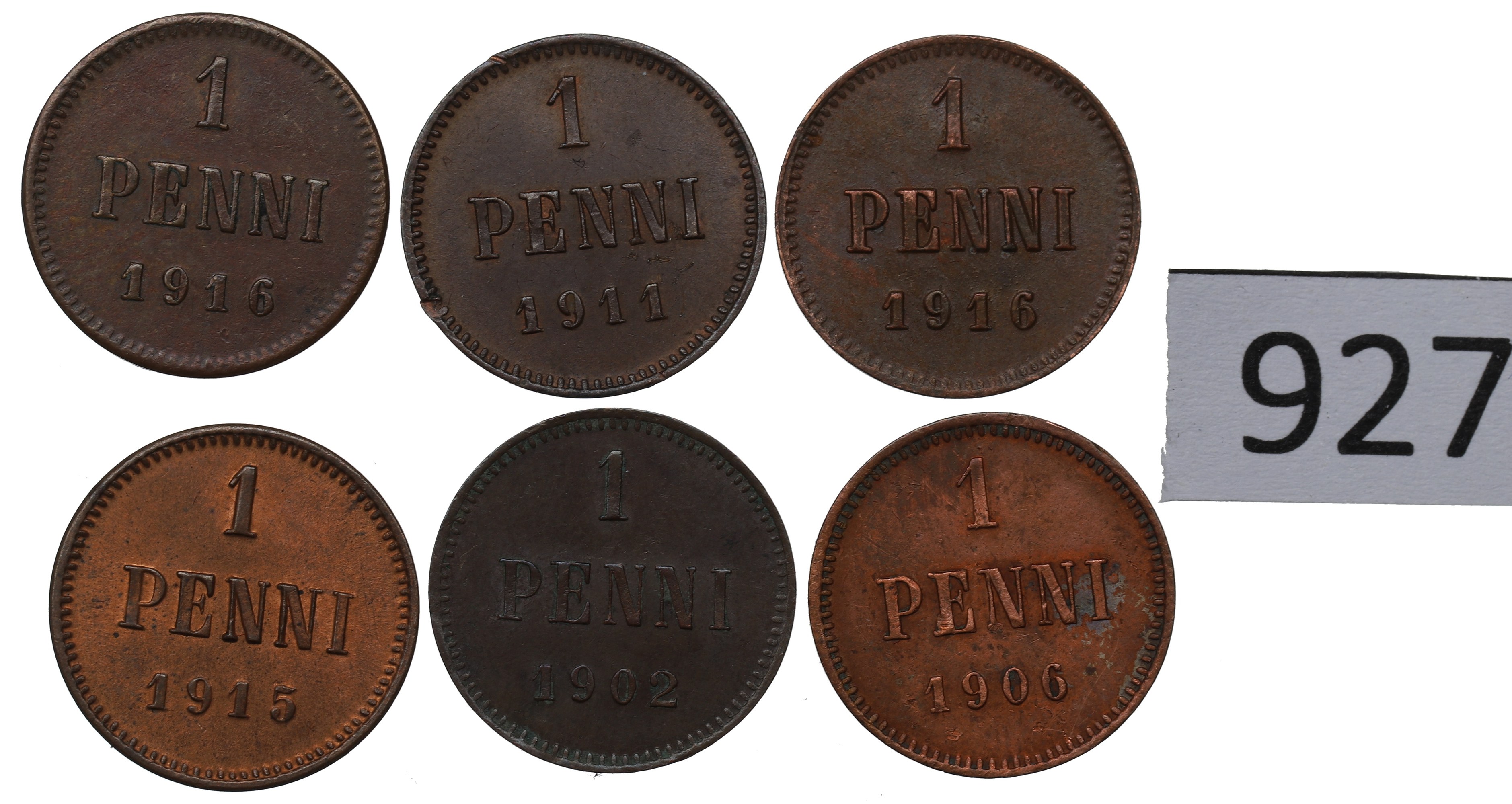 Sada mincí Ruská okupace Finska, 1 penny v sadě 6ks 1902-16. Kod 927