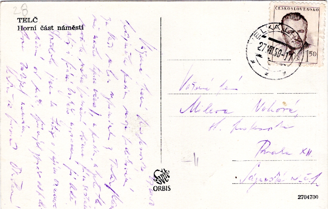 Stará Pohlednice A18, Telč Horní část náměstí, rok 1950