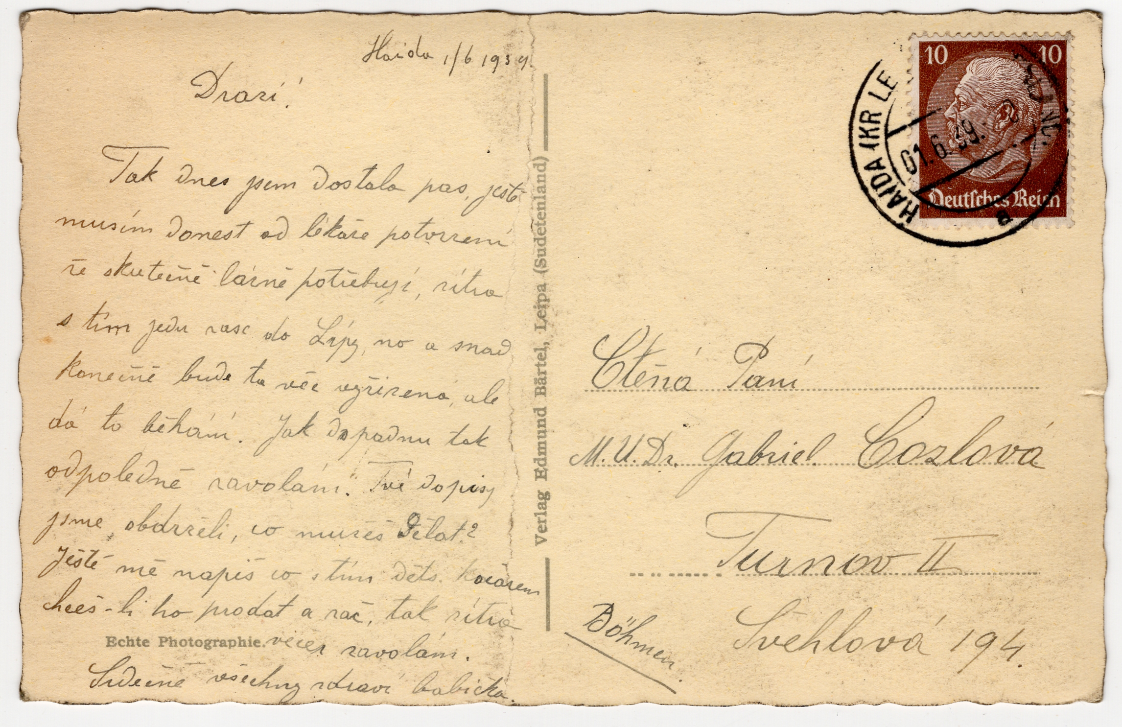 Stará Pohlednice HAIDA 1.6.1939 - Protektorát Nový bor