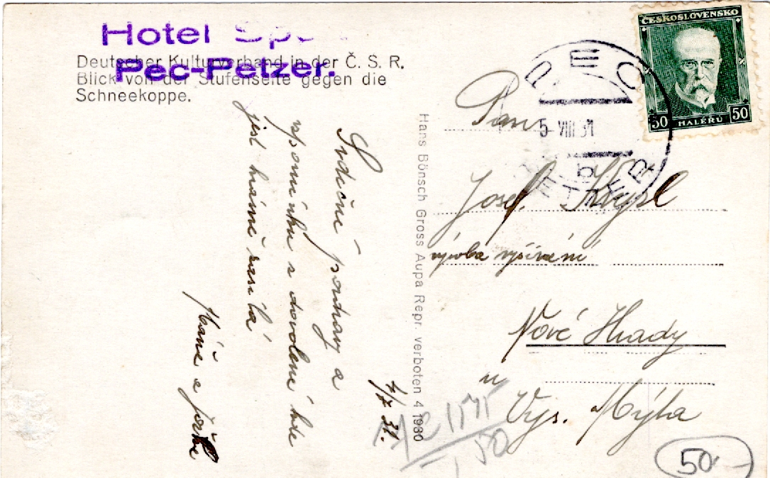 Stará Pohlednice Hotel pod Peci, rok 1931
