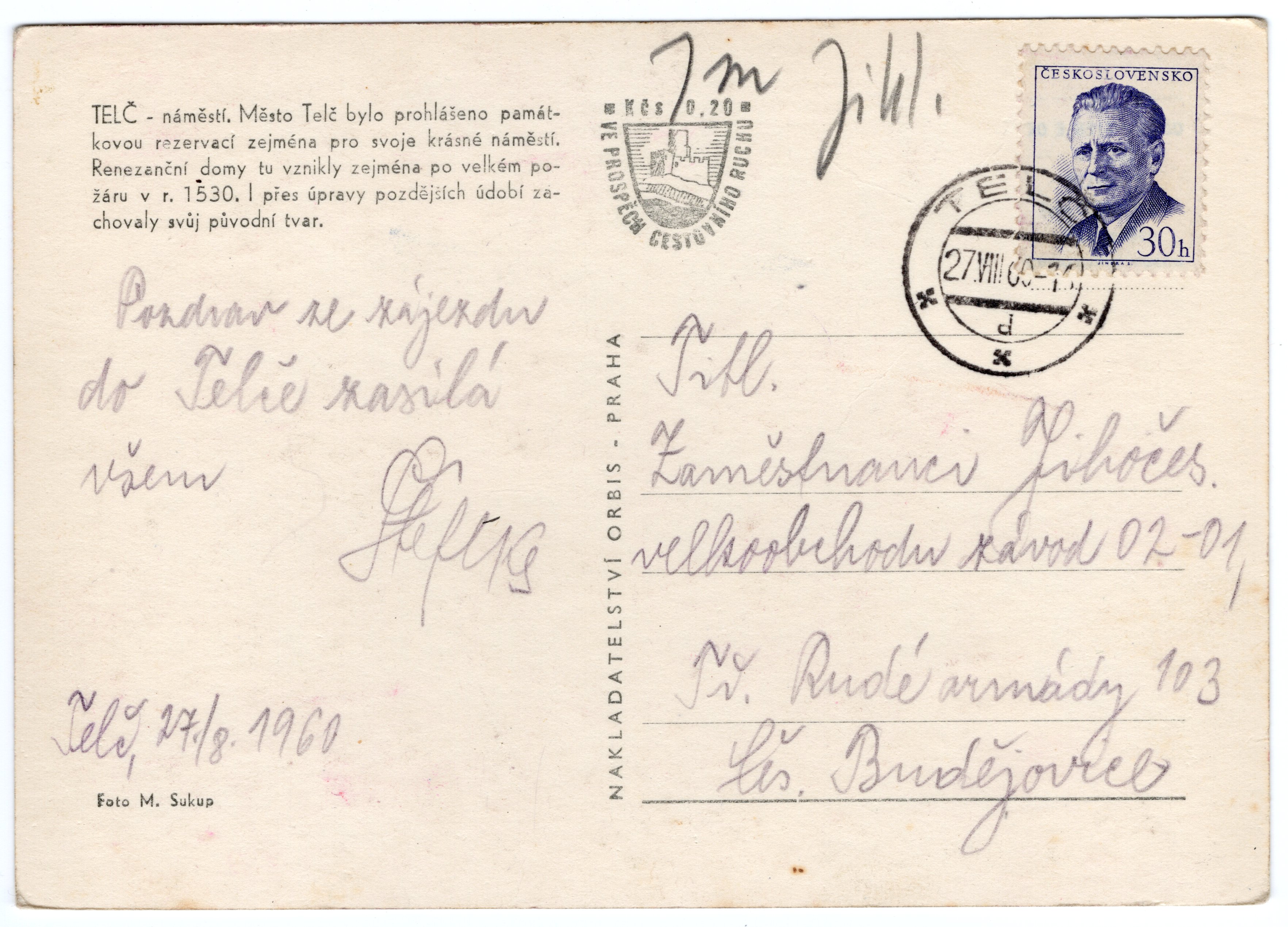 Stará Pohlednice Telč - náměstí 1960