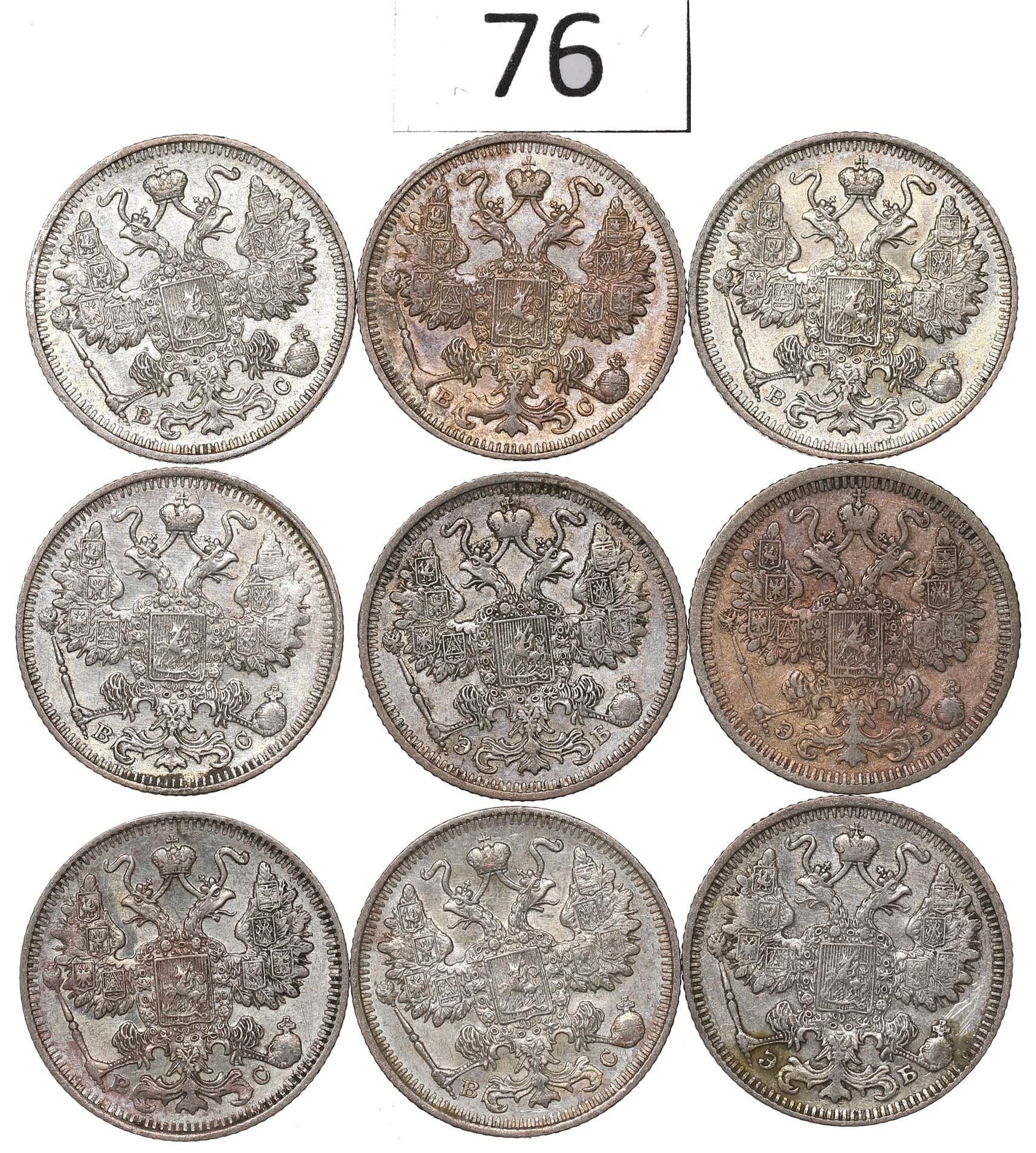 Staré Ruské Stříbrné Mince v sadě 9 kusů, Mikuláš II, Konvolut kopějky Rok 1908 až 1914
