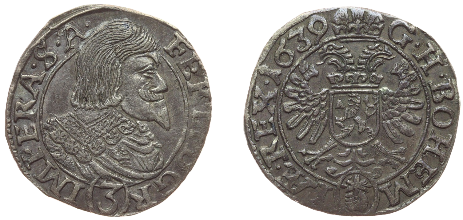 Stříbrná Mince 3 Krejcar 1639, stav 1/1