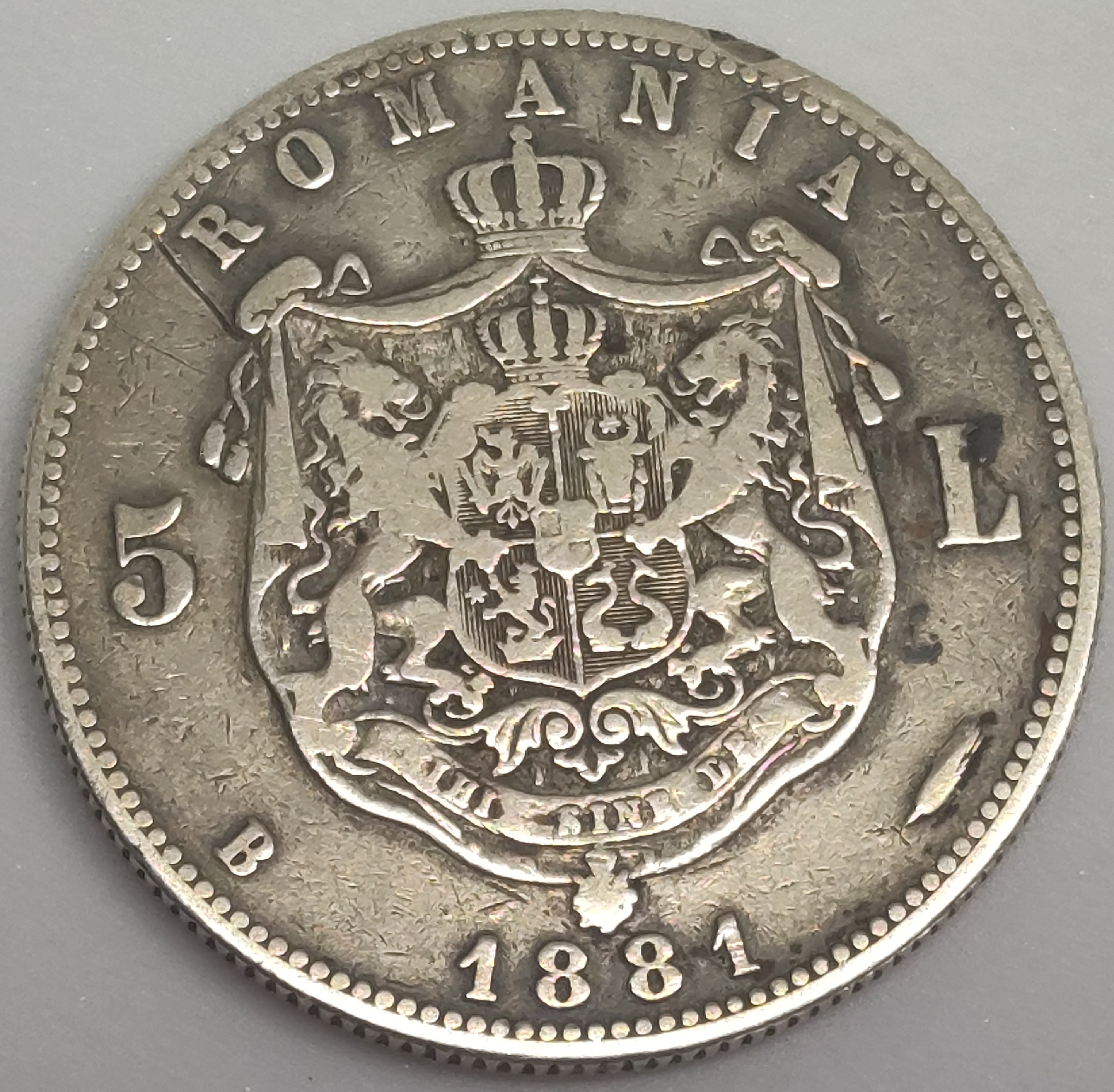 Stříbrná Mince 5 Lei Rumunsko 1881 B, Carol I Ag stříbro 24,33g Ag 900