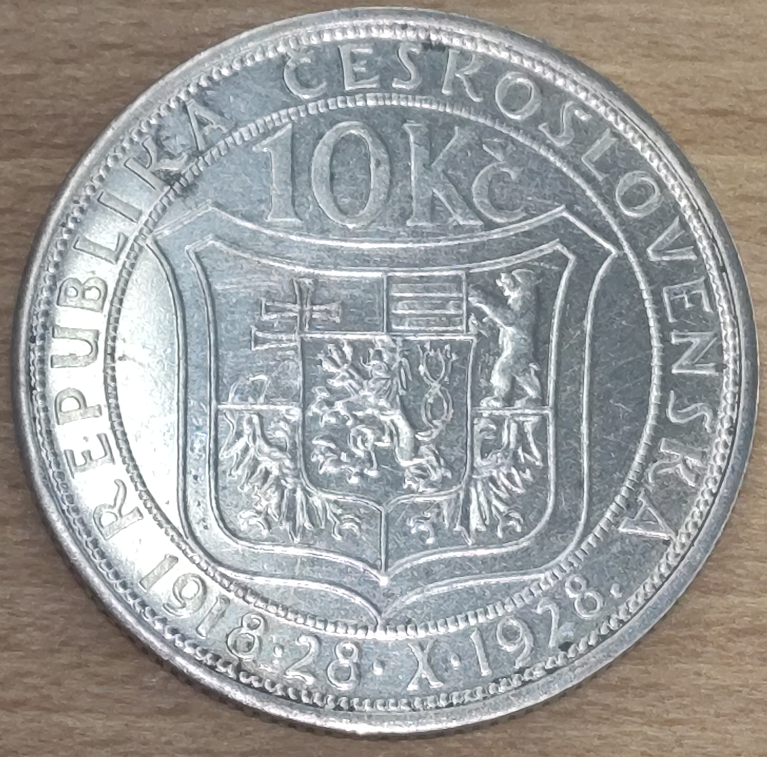 Stříbrná mince 10 Kč, 1928, Československo, 10. výročí nezávislosti ( 4010 )