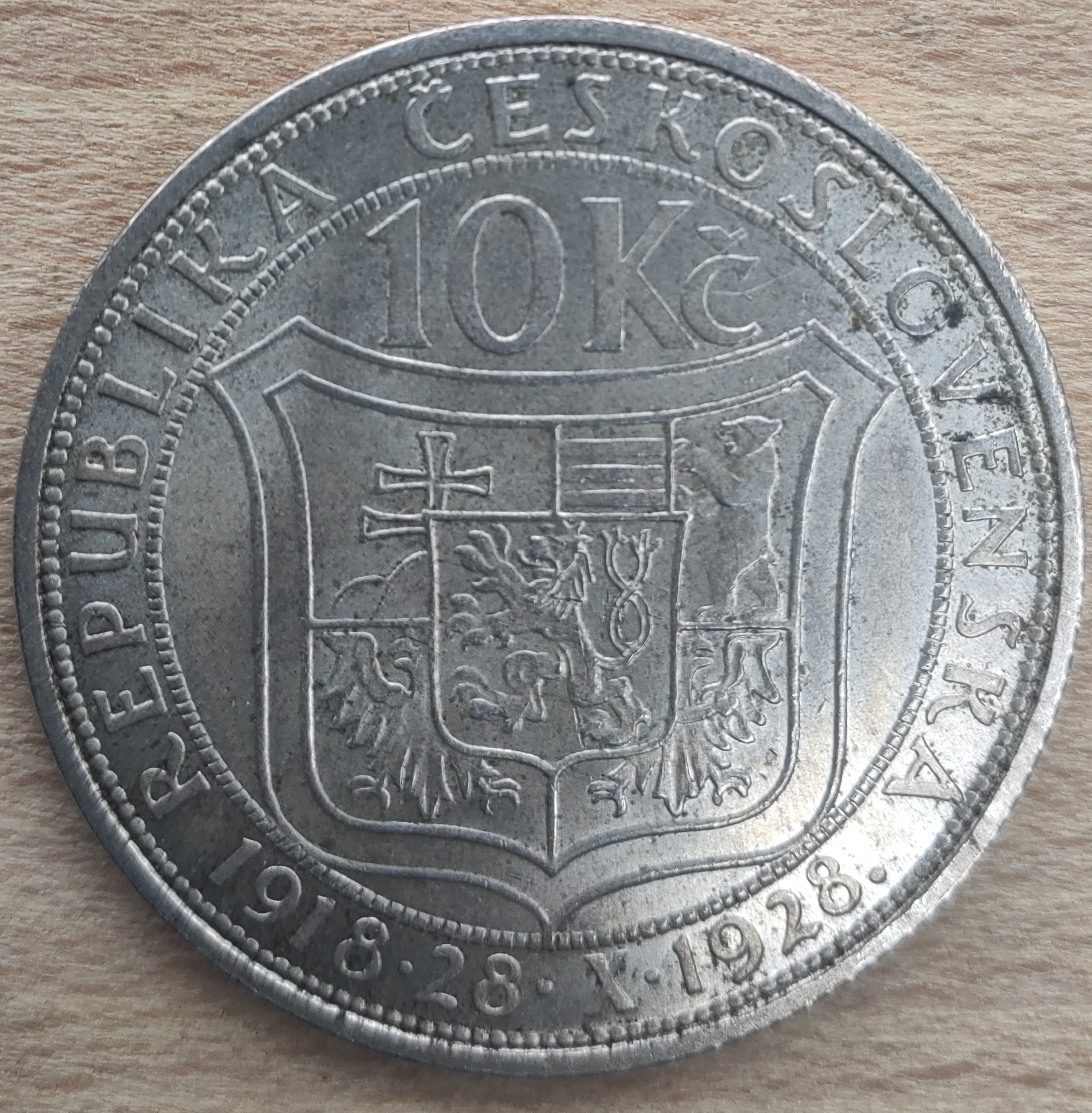 Stříbrná mince 10 Kč, 1928, Československo, 4013