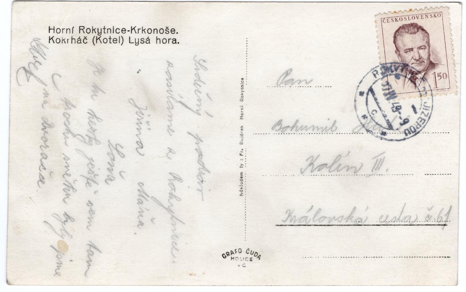 Stará Pohlednice A18, Horní Rokytnice Krkonoše. Kokrháč (kotel) Lysá hora, rok 1949