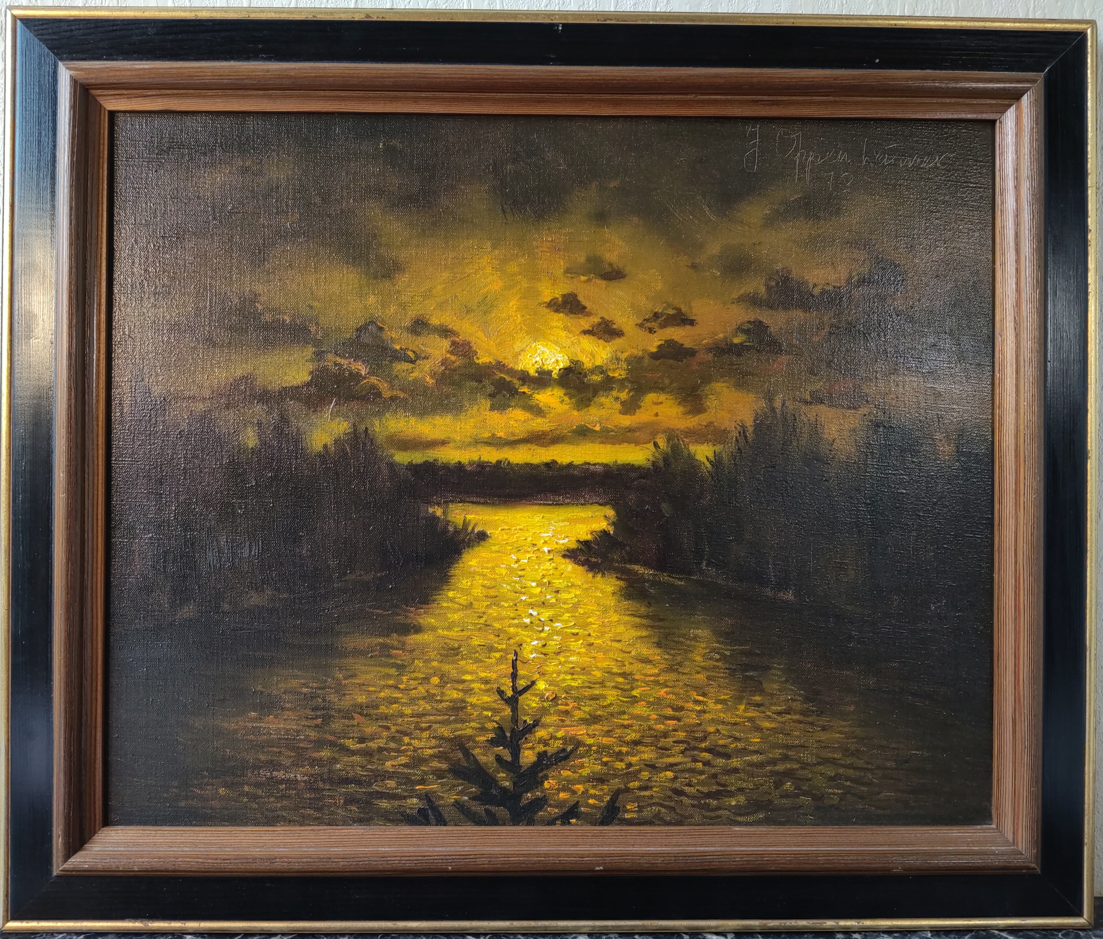Jonny Oppenheimer - pěkný obraz olej na plátně, západ slunce v krajině 1978