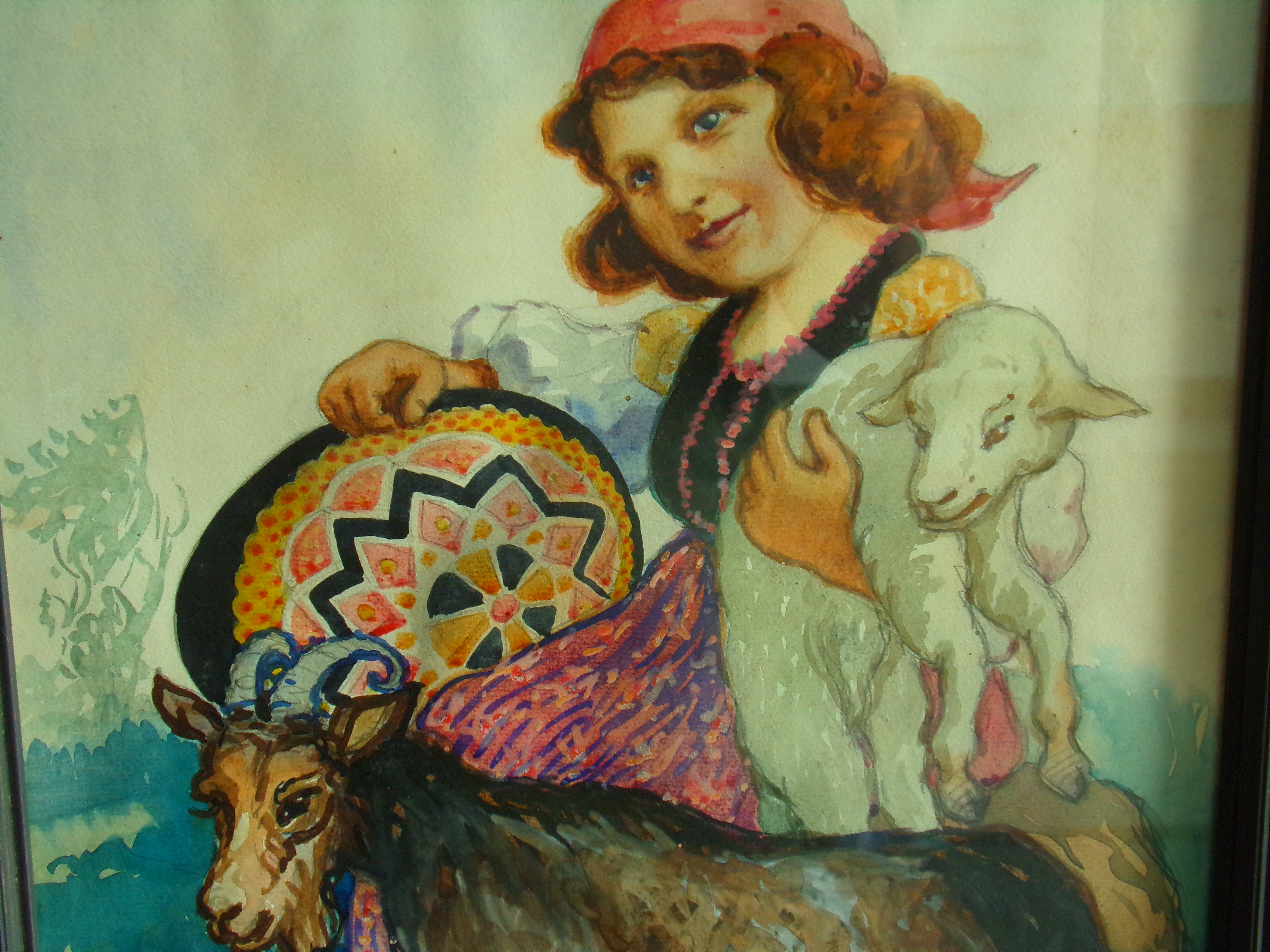 Akvarel - Obraz holčina s kozou a jehnětem