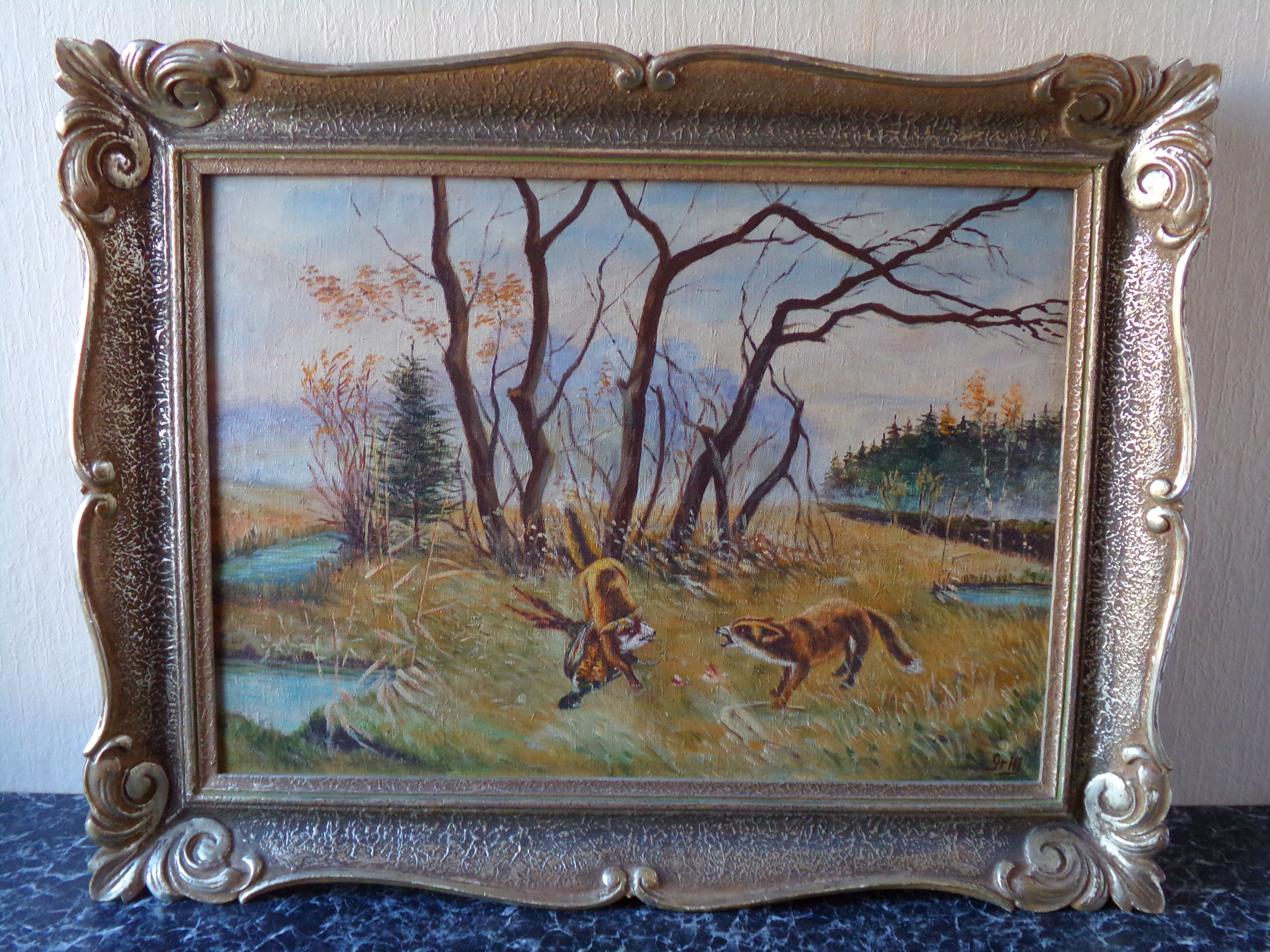 Krásný obraz Olej na plátně - Lišky na lovu 49cm x 68cm.