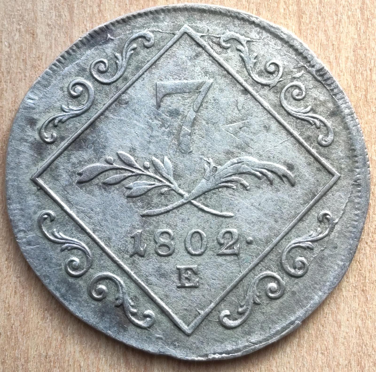 Stříbrná mince 7 krejcarů 1802 E Vzácnější ( kód 2 ) - Kreuzer 1802E