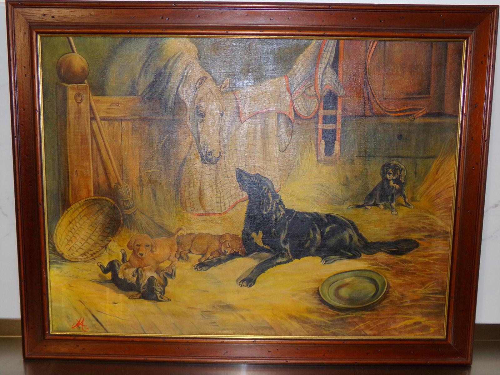 Olej na plátně - Hrající se zvířatka ve stájí, 85x66cm !