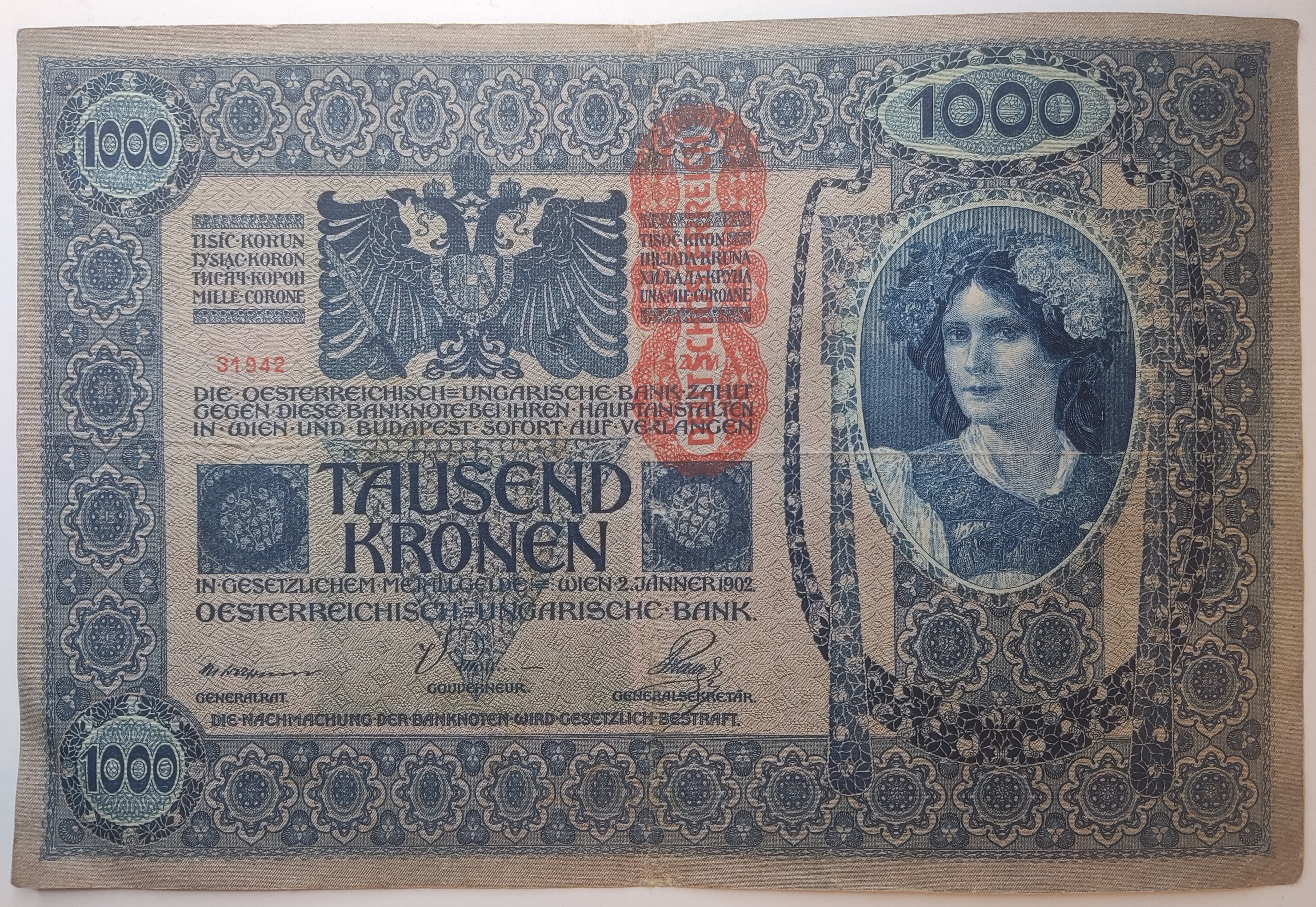 Stará Bankovka 1 000 Korun, Rok 1902 Moc pěkný stav