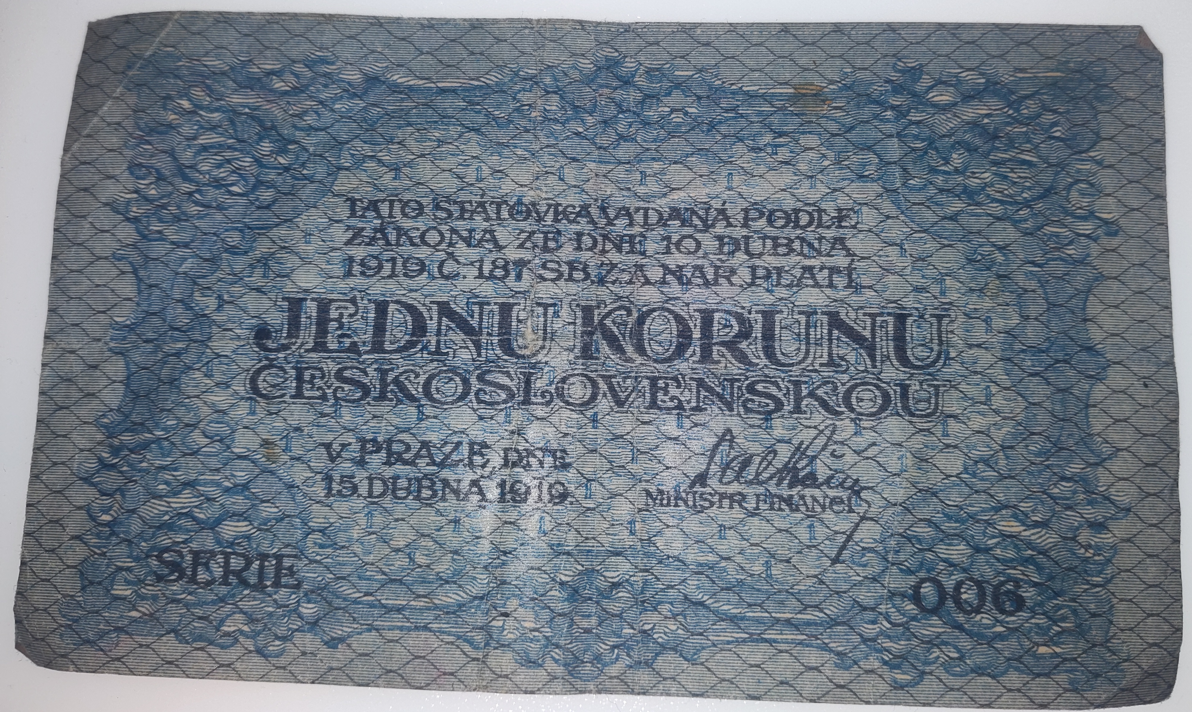 Velice VZÁCNÁ 1 KORUNA 1919 - PRVNÍ SÉRIE 006 ! VZÁCNÁ A PĚKNÁ !!!