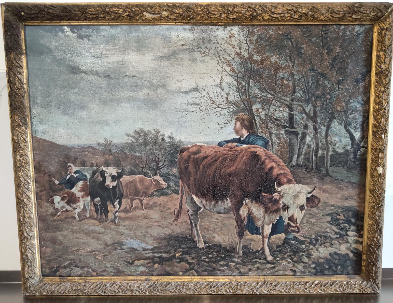 Krásný hodně starý obraz, Olej na plátně, Krávy na farmě 82cm x104,5cm