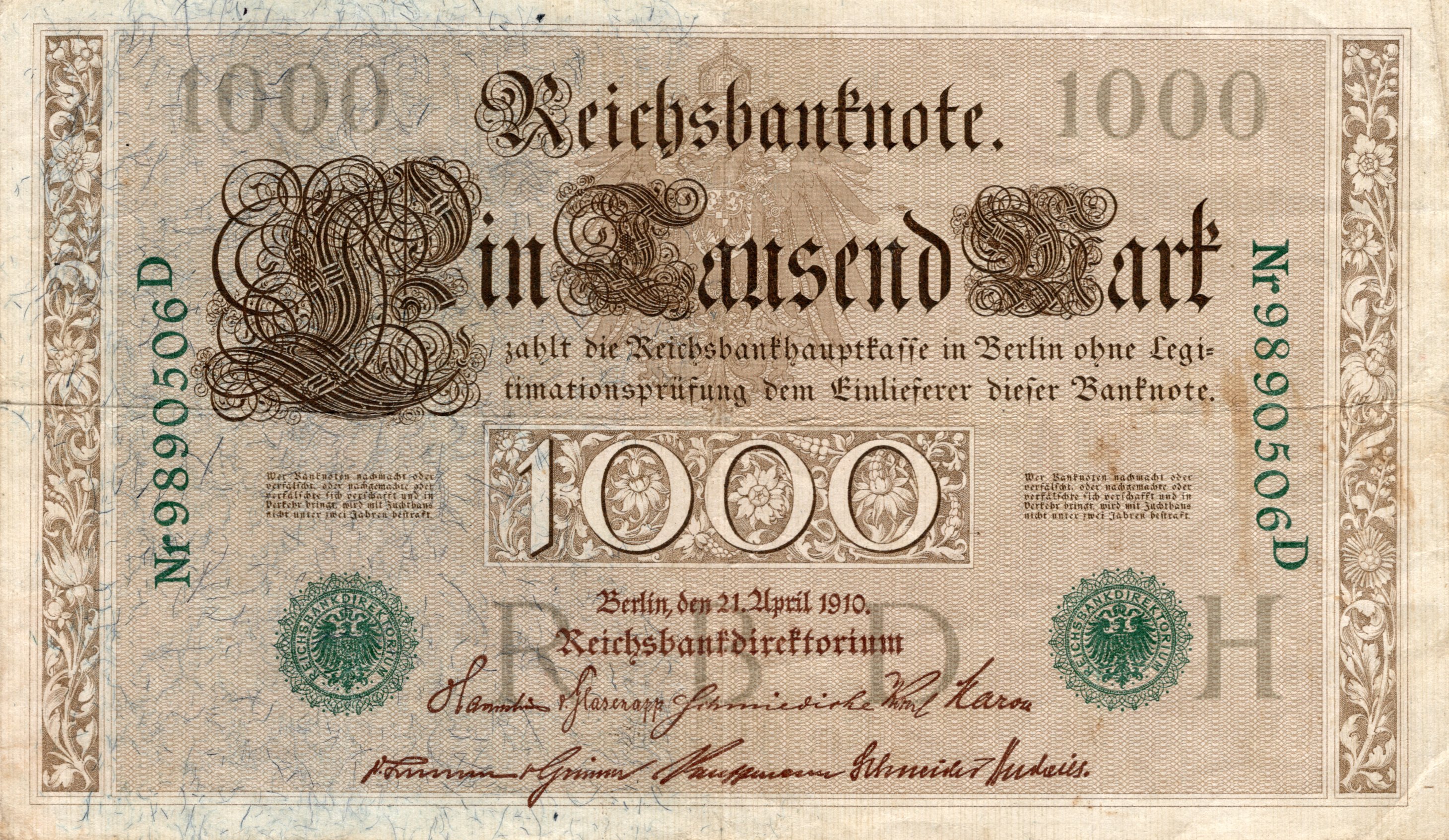 Bankovka 1000 mark, 1910 Série: D Pěkný stav