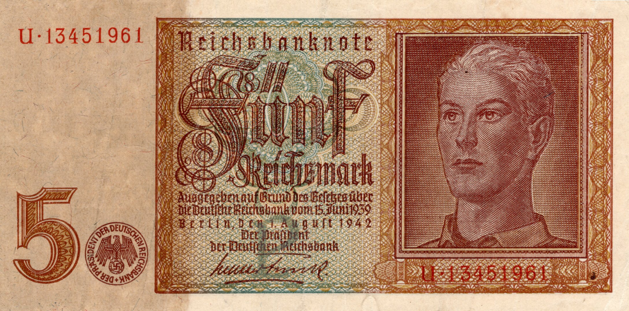 Bankovka 5 marek Říšských 1942 Série U