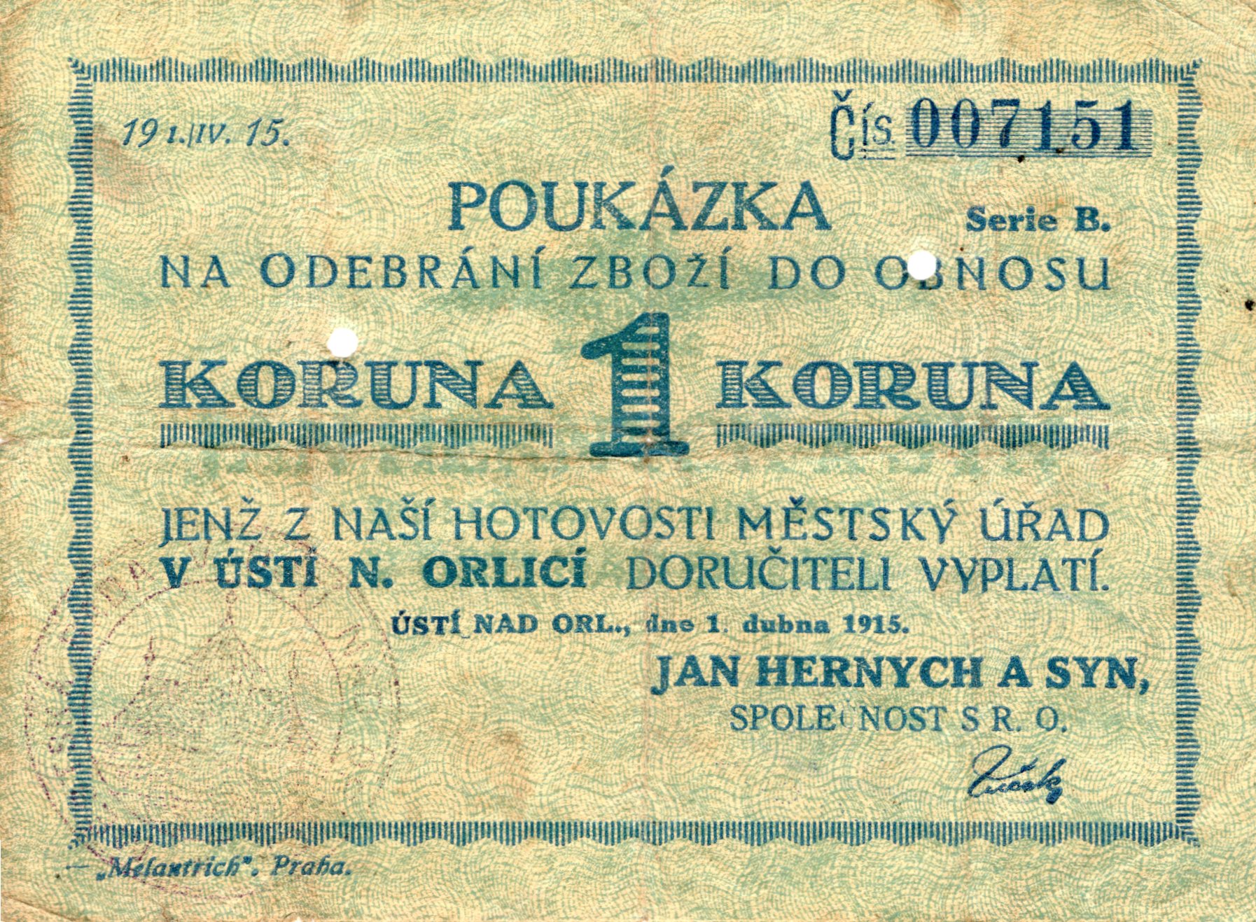 Poukázka 1 koruna 1. dubna 1915 Ústi nad Orlici - Jan Henrych a syn 
