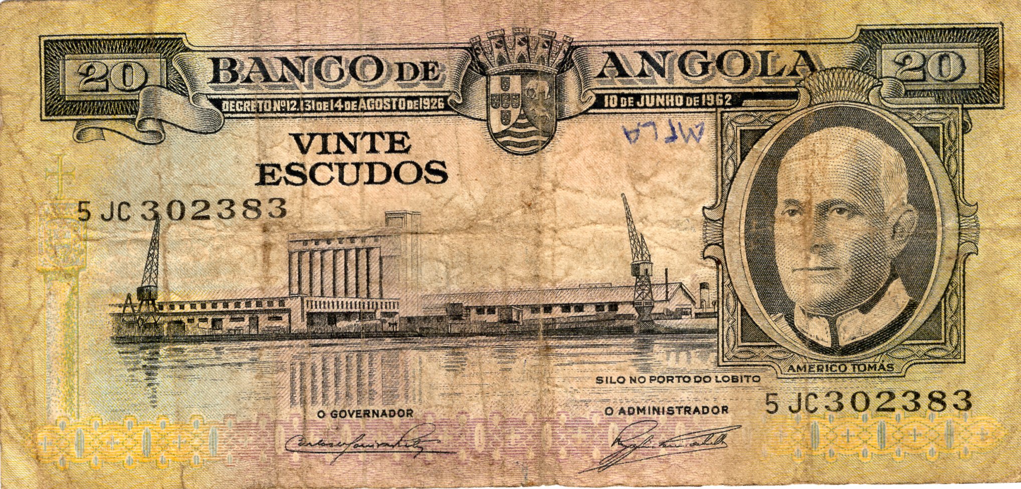 Africká Angola Bankovka 20 Escudos 1962 Série 5 JC