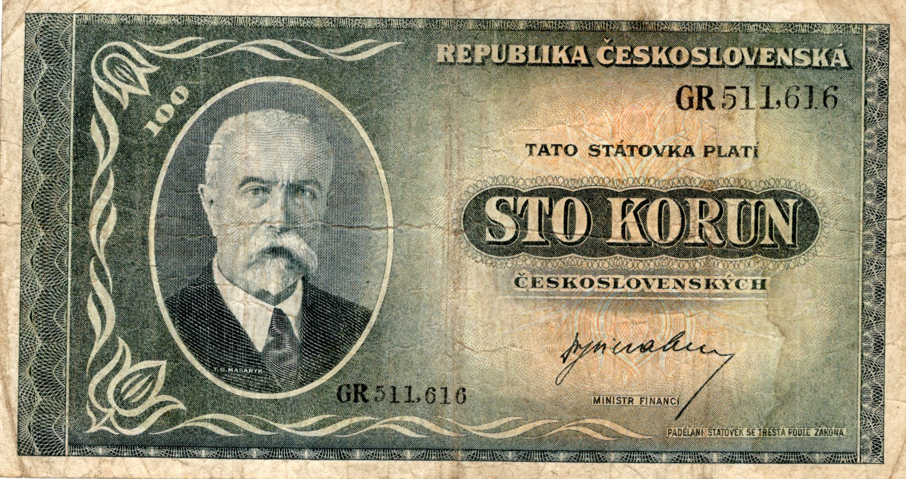 Bankovka Masaryk 100 KČS 1945, série GR 511,616