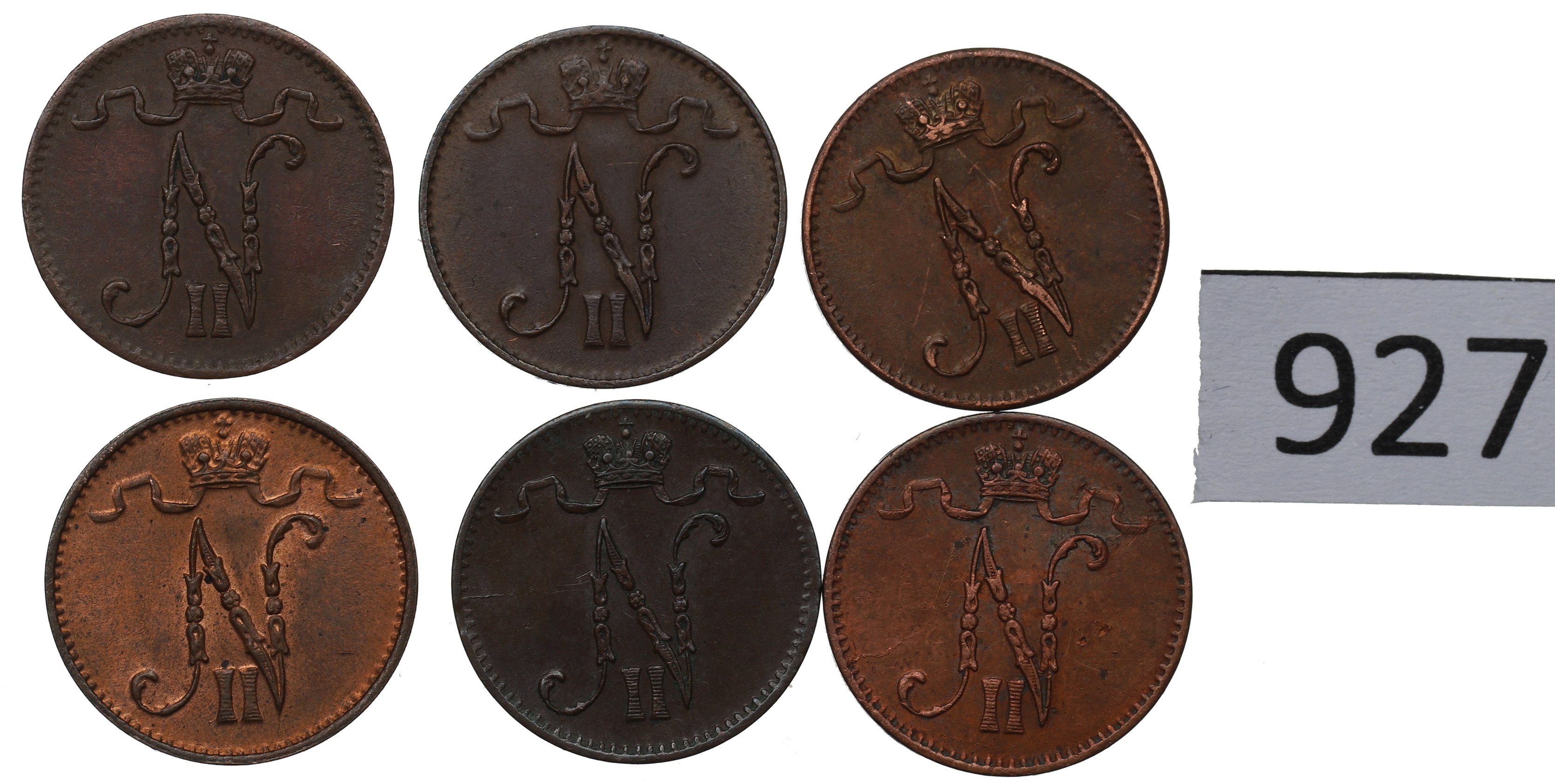 Sada mincí Ruská okupace Finska, 1 penny v sadě 6ks 1902-16. Kod 927
