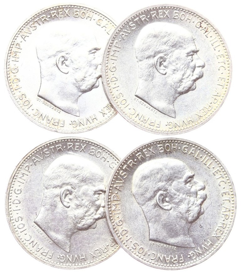 František Josef I. Konvolut Stříbrné mince 4ks. Stav -0/0- ! Kod 4059