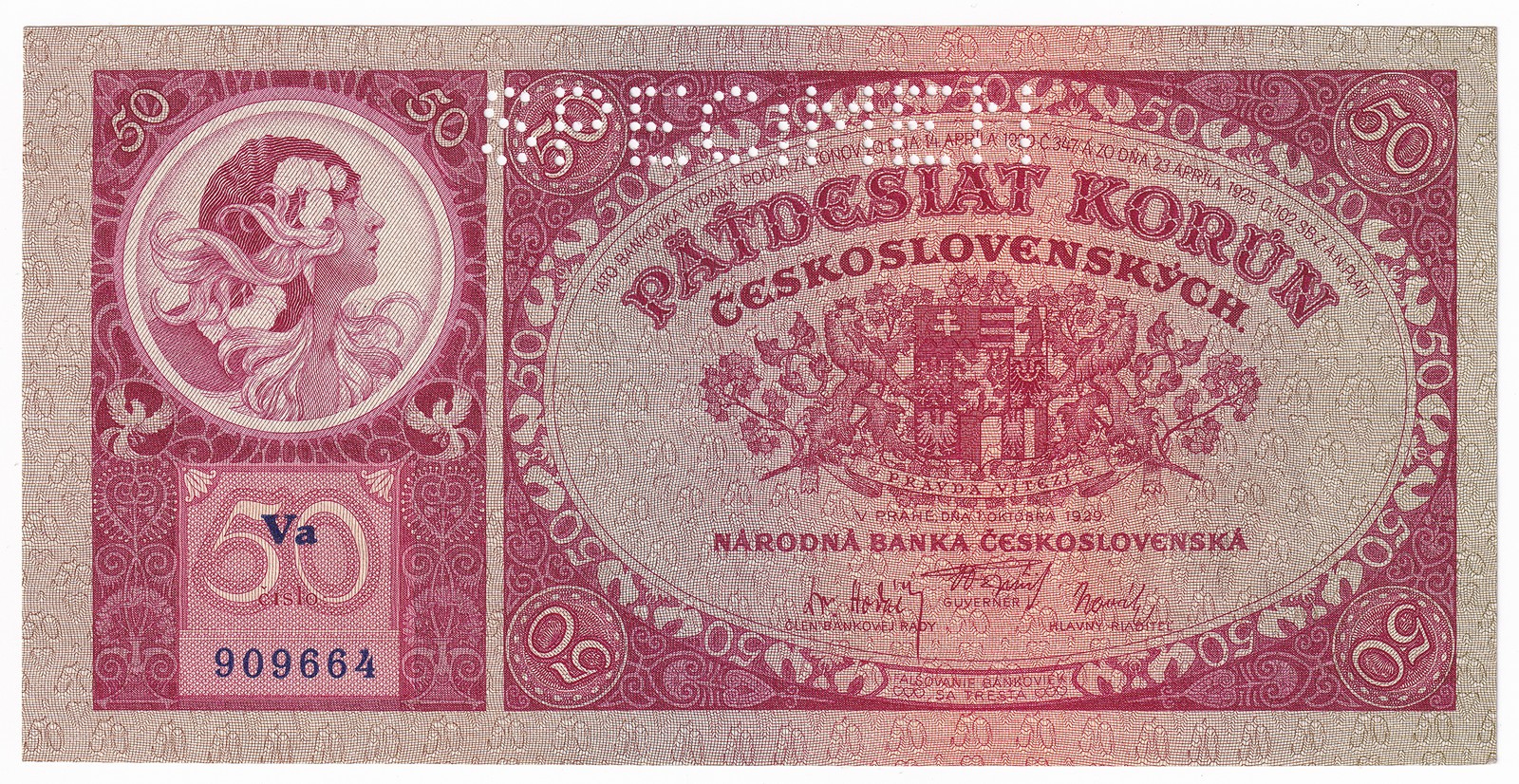 Bankovka 50 Korun 1929, SPECIMEN, Va 909664 - UNC