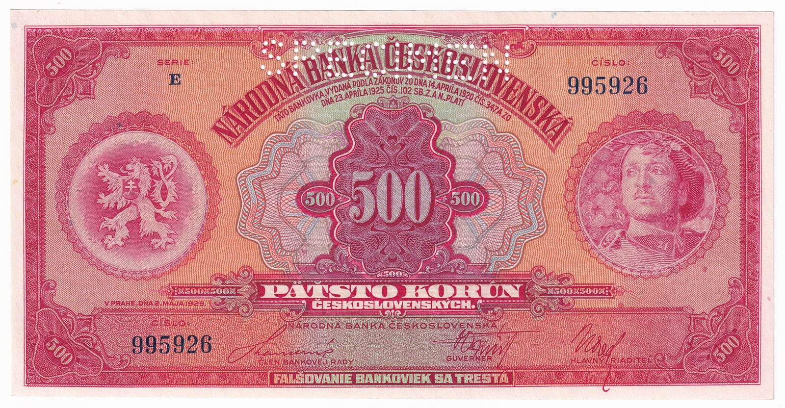 Bankovka 500 Korun 1929, SPECIMEN, E 995926 UNC