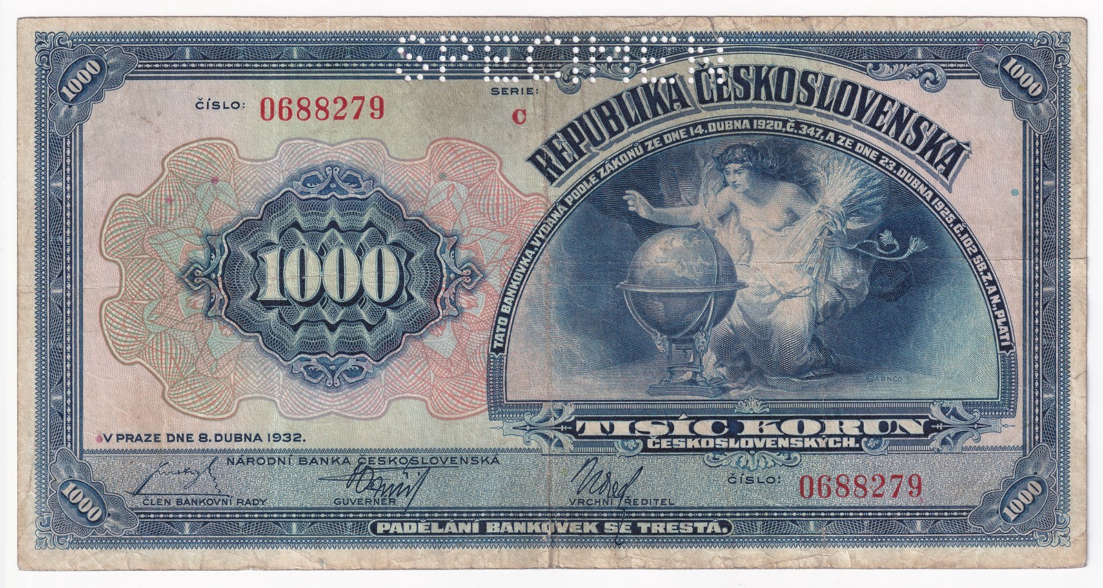 Bankovka 1000 Korun 1932, SPECIMEN, C 0688279
