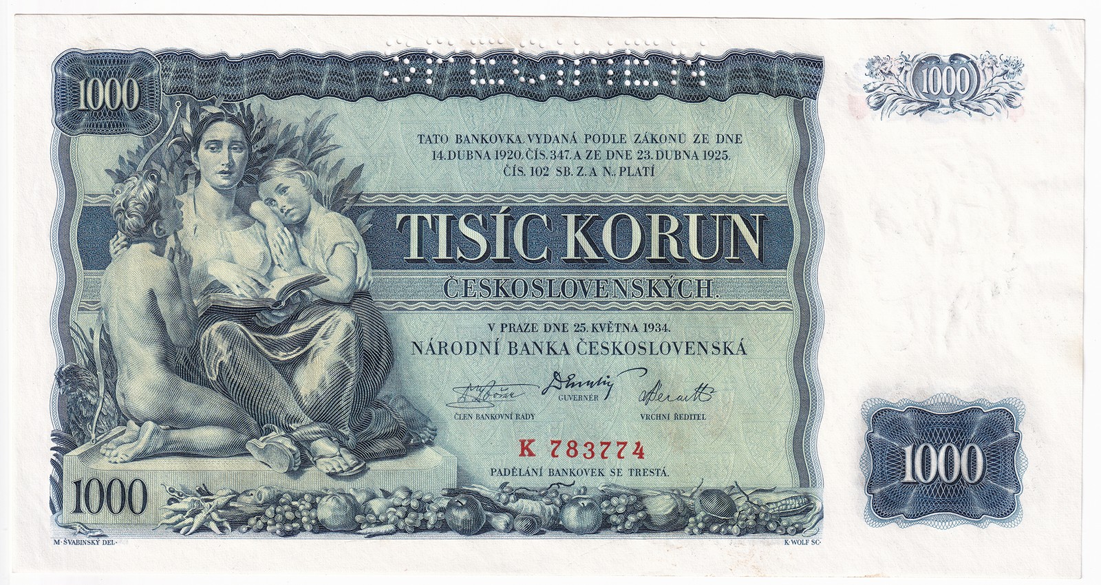 Bankovka UNC, 1000 Korun 1934, SPECIMEN, K 783774 - Vzácná !