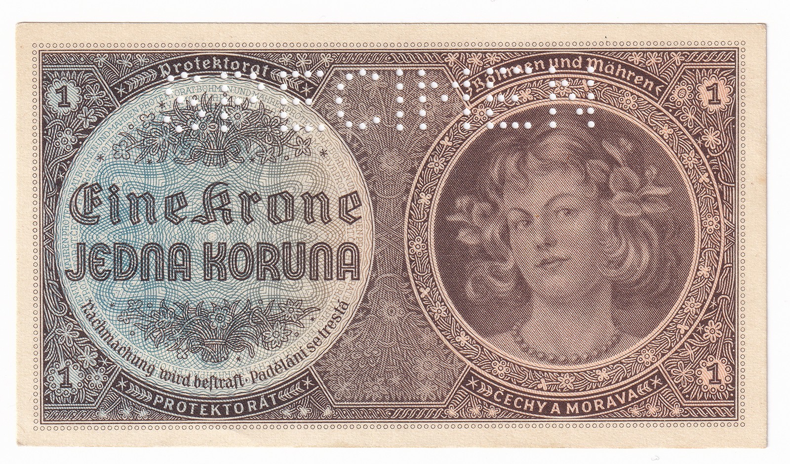 Jedna Koruna 1940, SPECIMEN, D 053 - Vzácná ! Protektorát Čechy a Morava