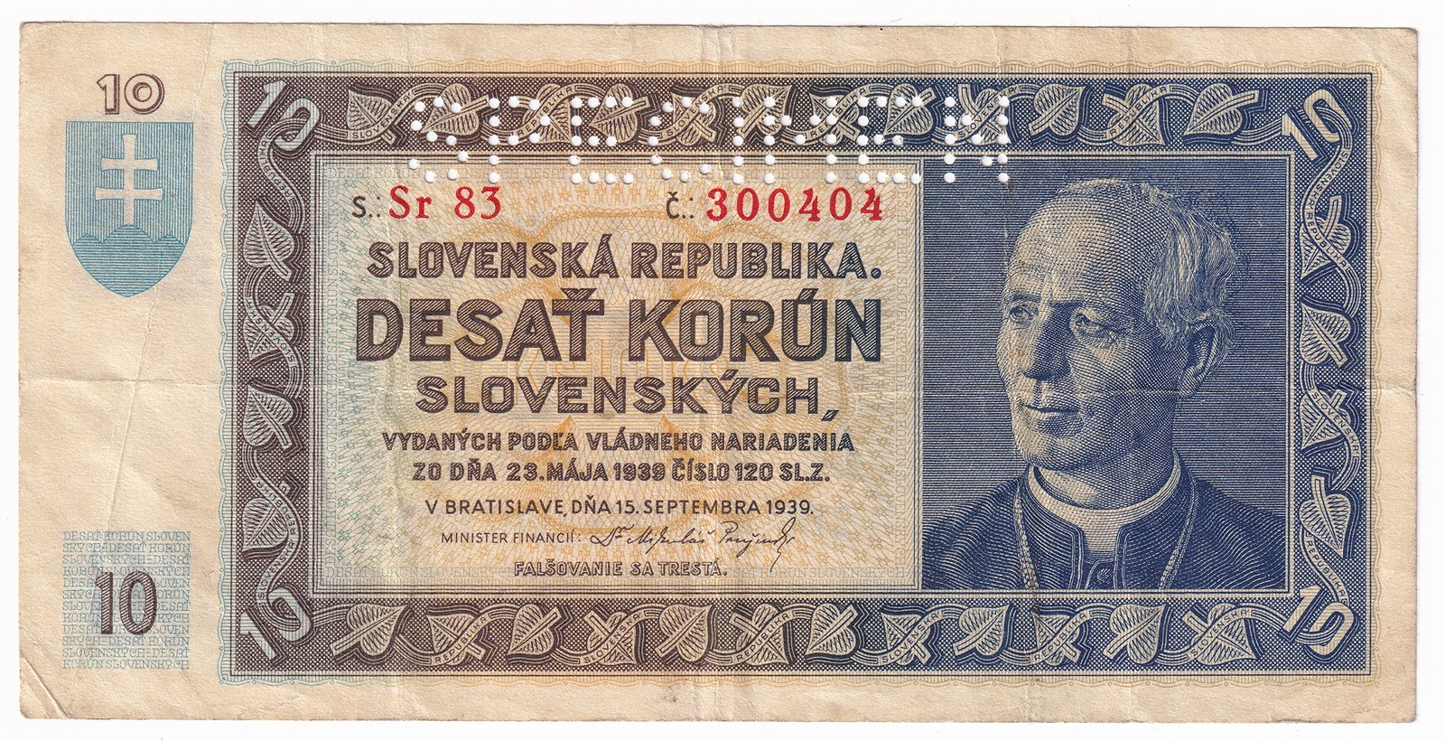 Bankovka 10 Korún 1939, SPECIMEN, Vzácná série Sr 83 300404