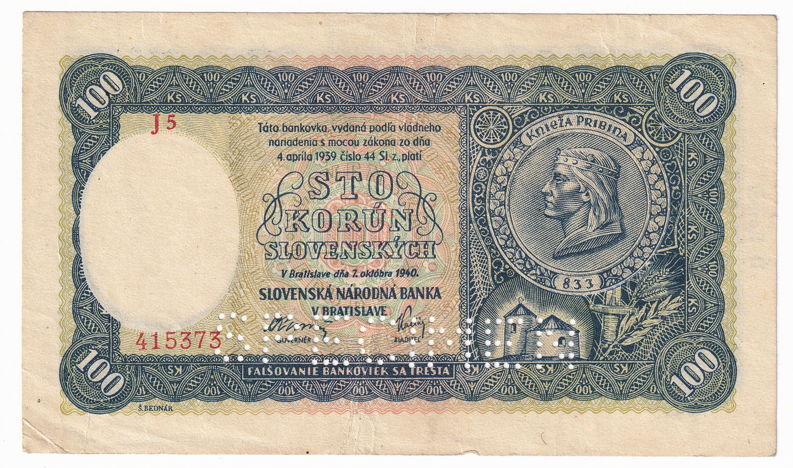 Bankovka 100 Korún 1940, J5 415373 - SPECIMEN