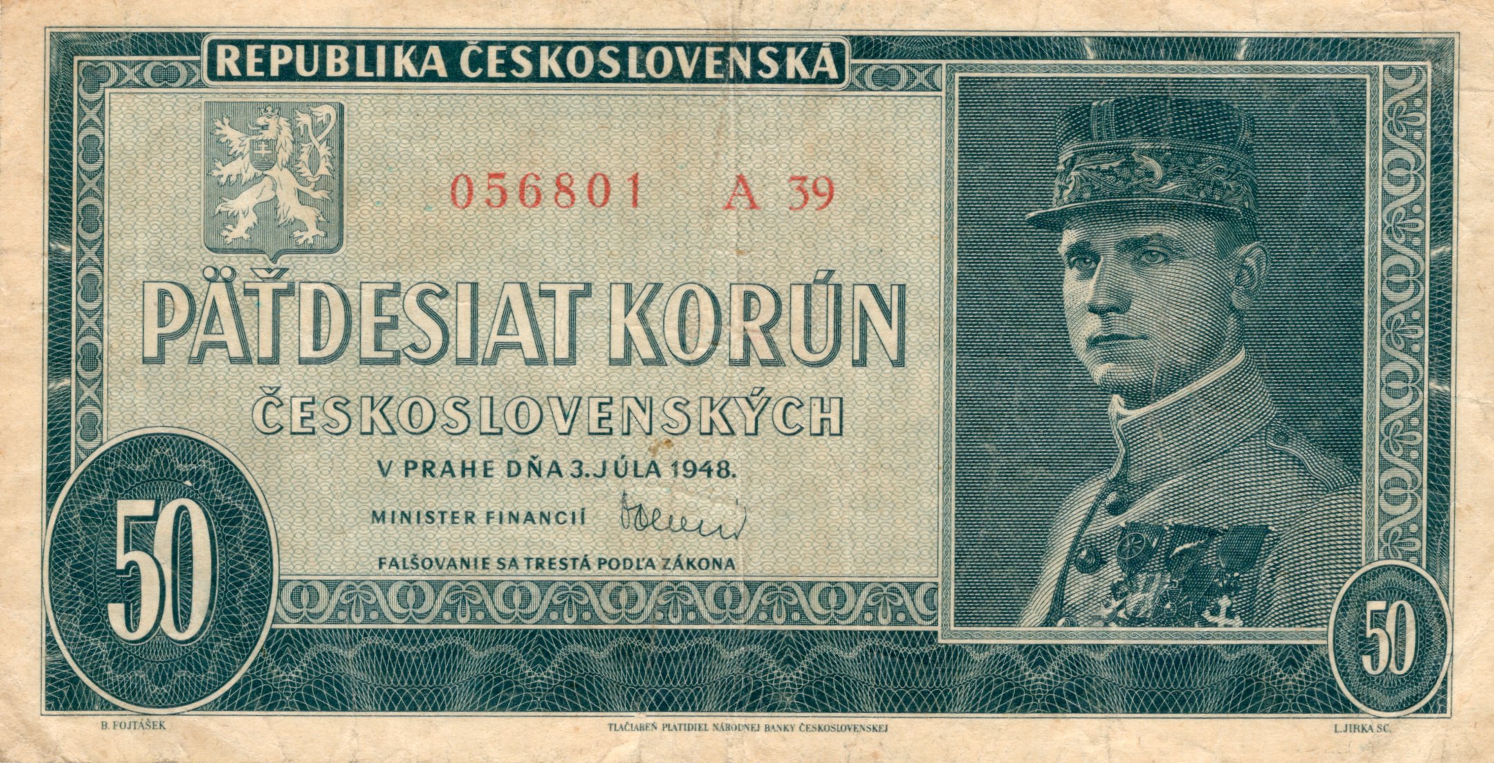 Bankovka 50 Korún Československých 1948, A39 - 056801