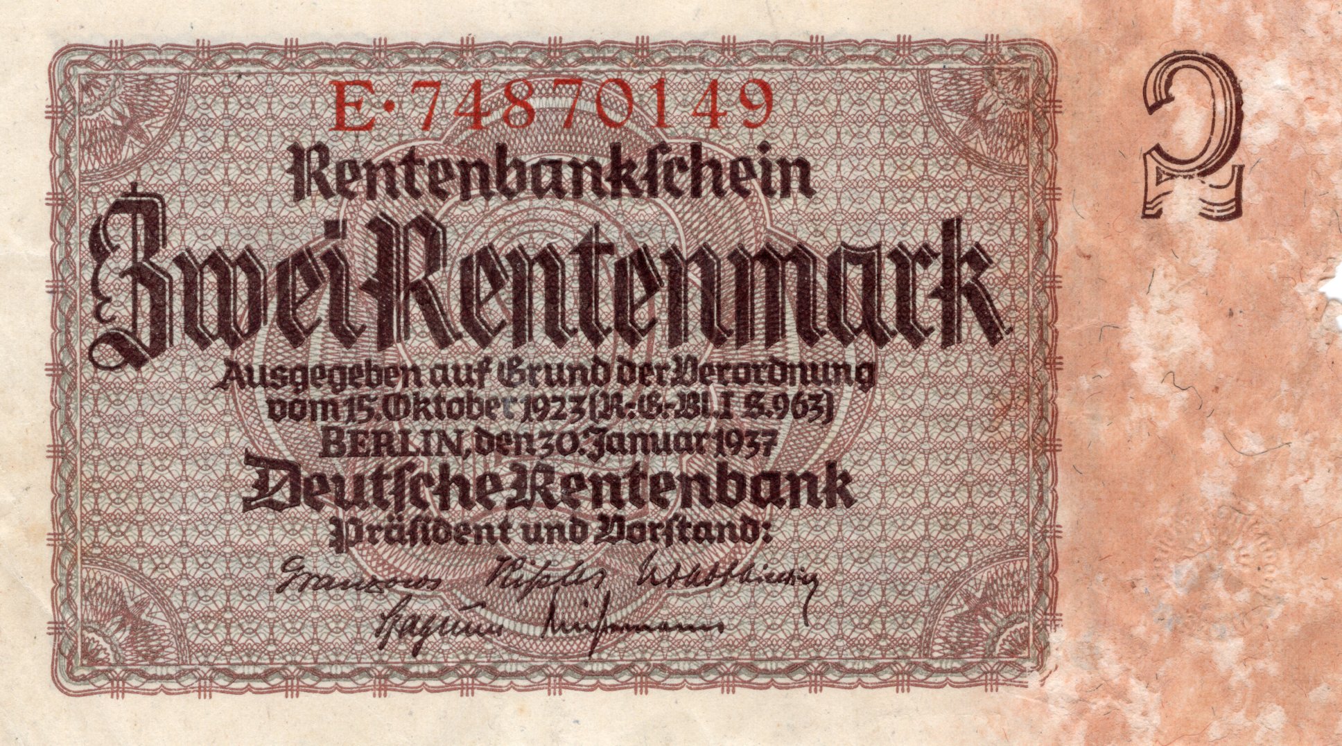 Německá Bankovka 2 Marky, Rok 1937, E.74870149
