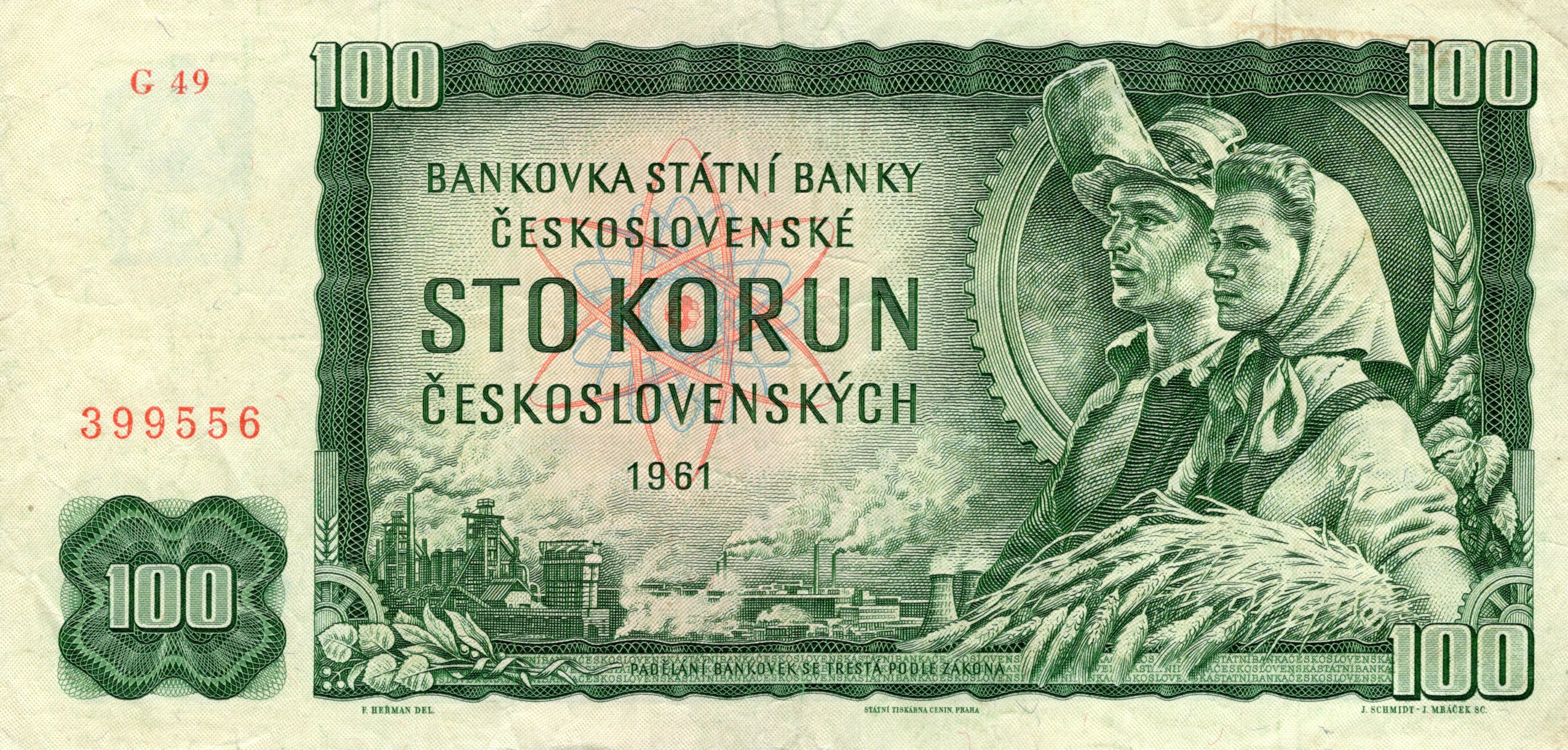 Bankovka 100 Korun 1961, Série G 49 399556