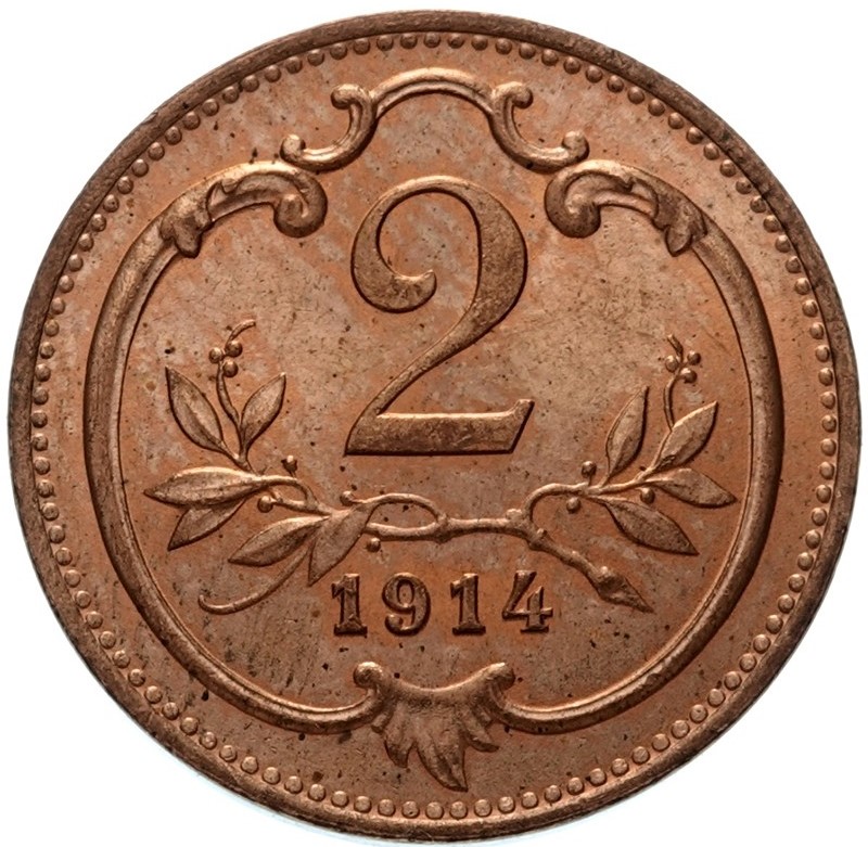 Mince 2 haléř 1914, František Josef I. Ražební lesk 0/0, 4074, Velmi vzácný