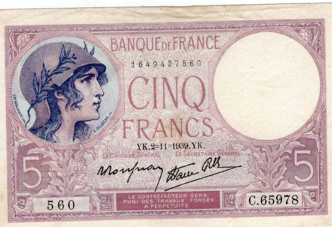 5 Francs 1939, Série 560 C65978