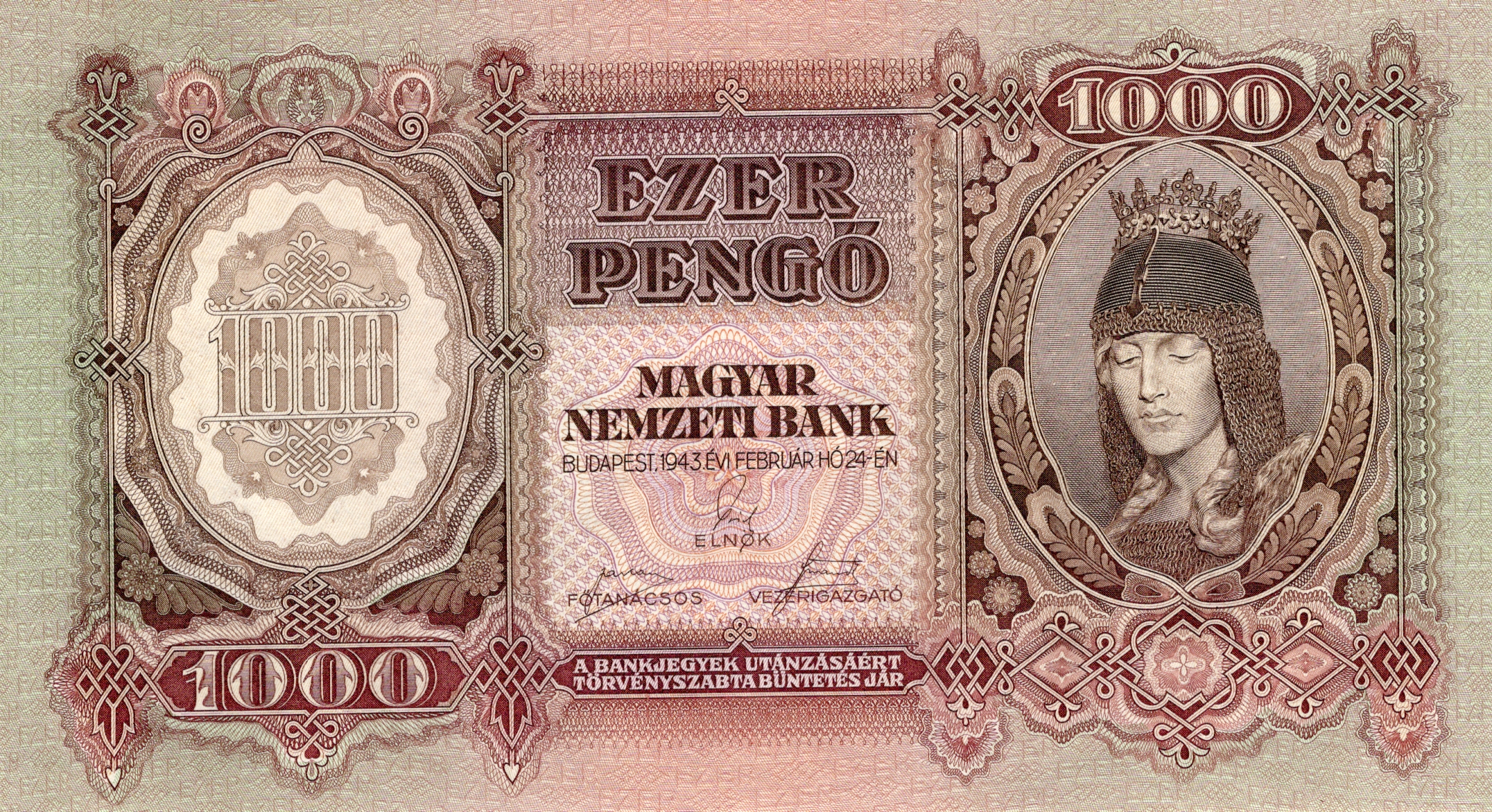 Maďarská Bankovka 1000 pengő. 1943, F083 Luxusní stav !