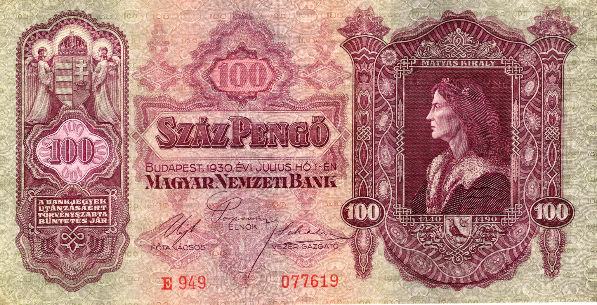 Maďarská Bankovka 100 pengő. 1930, E949 Luxusní stav !