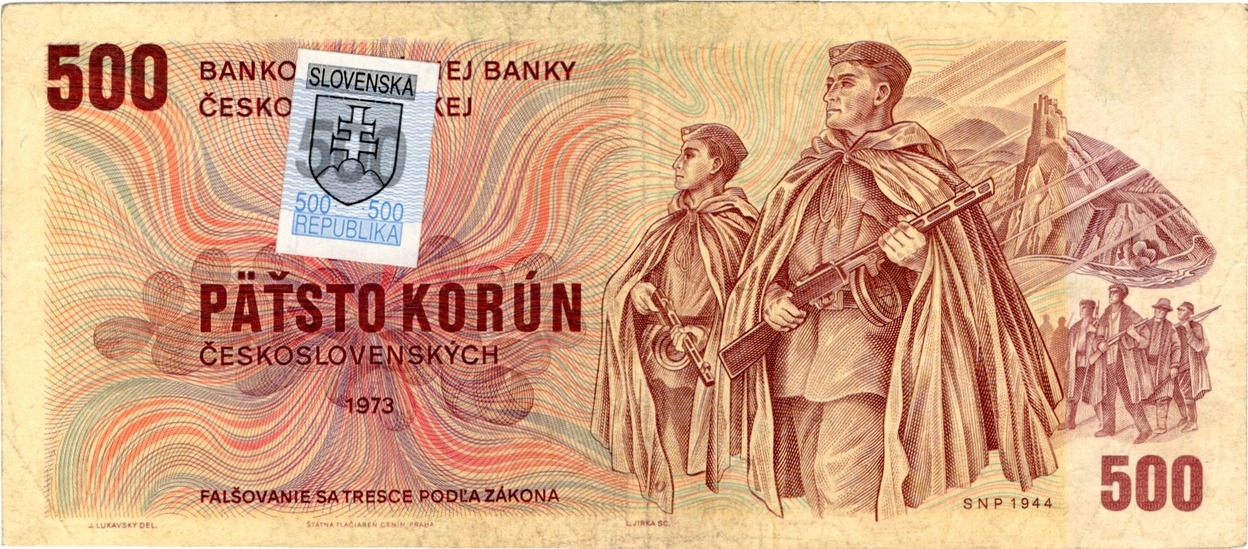 Československa Bankovka 500 Korun, 1973, U18 260036, Slovenský kolek